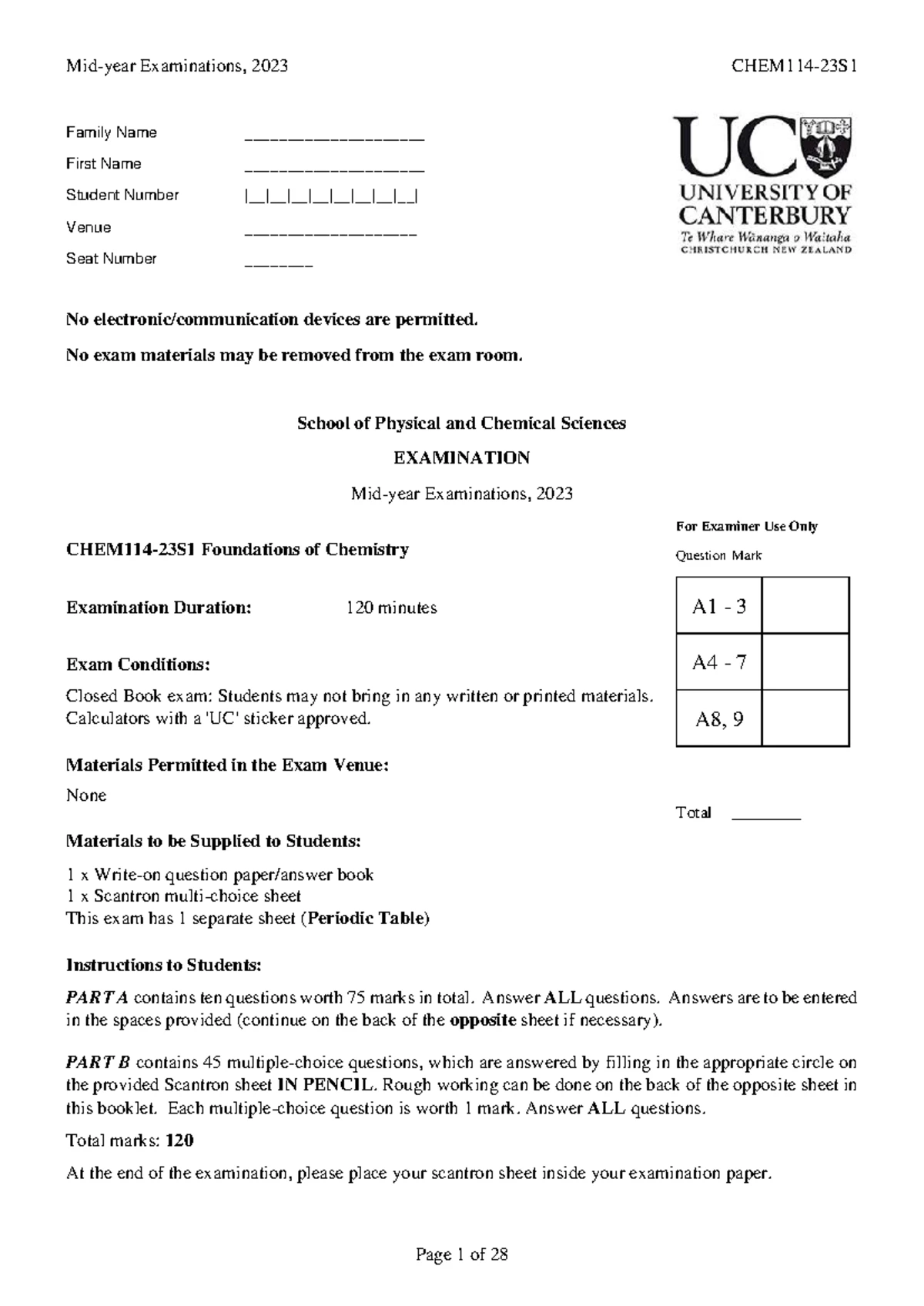 CHEM114-19S1 Mid-Year Exam Script - Foundations of Chemistry 2019 - Studocu