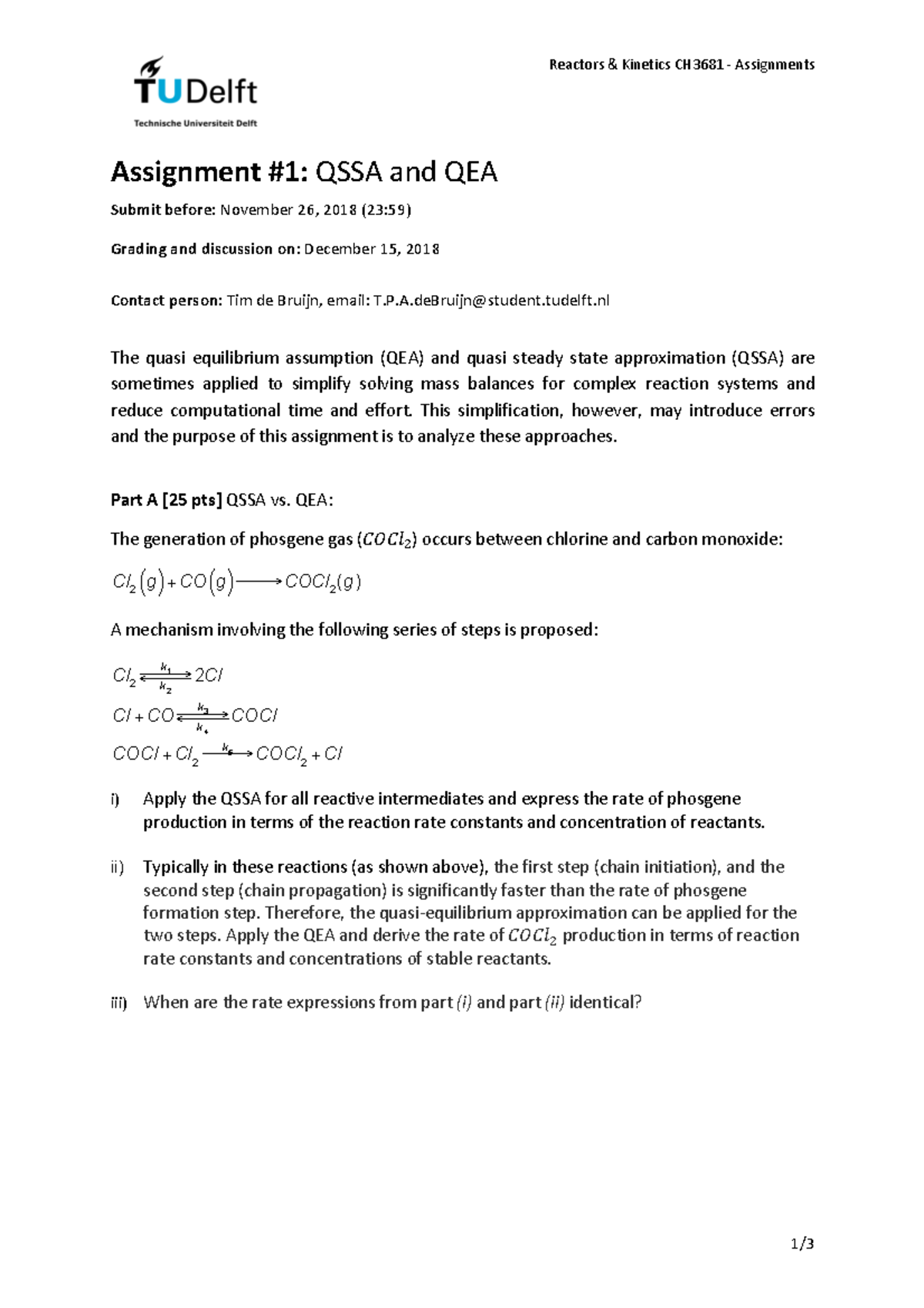 Assignment #1 - CH3681A - Final on QSSA and QEA in Reactors - Studeersnel