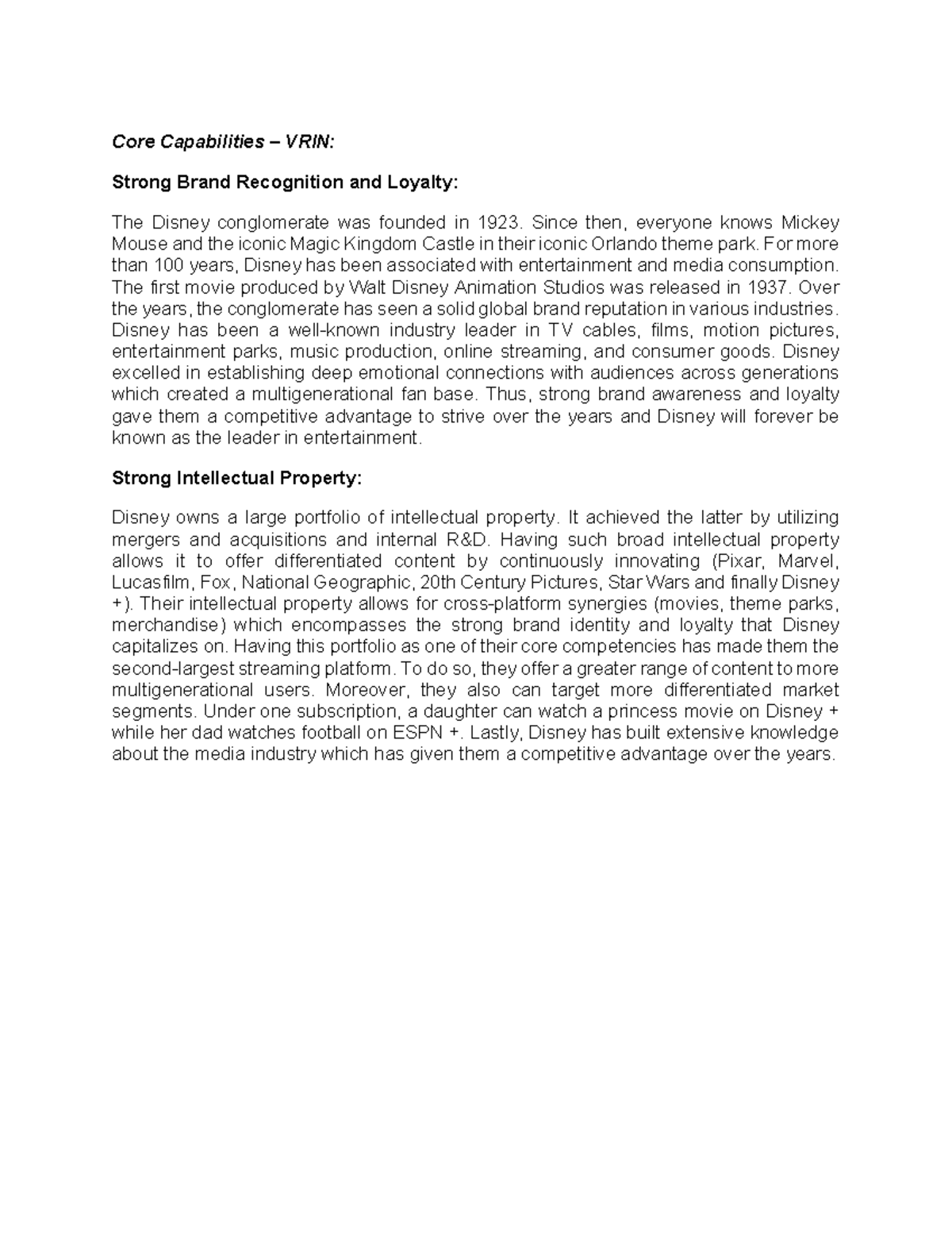 VRIN Analysis: Disney's Strong Brand & Intellectual Property - Studocu