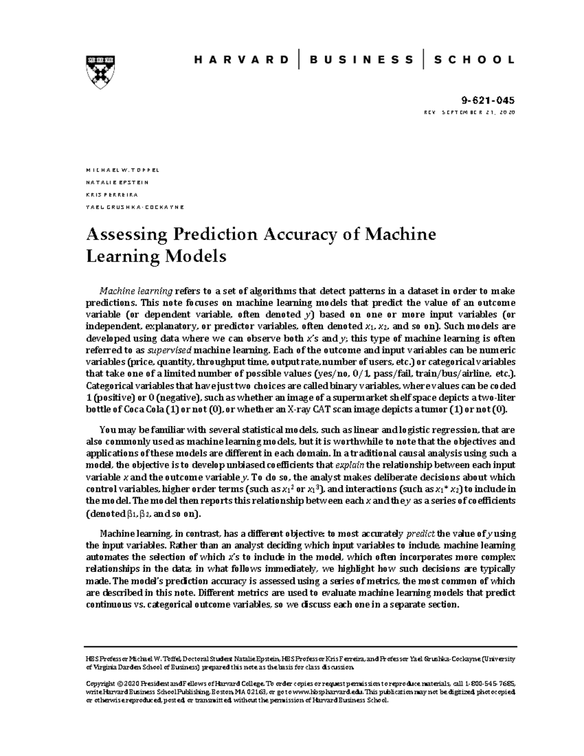 Assessing Prediction Accuracy of ML Models (9 621 045) - Studocu