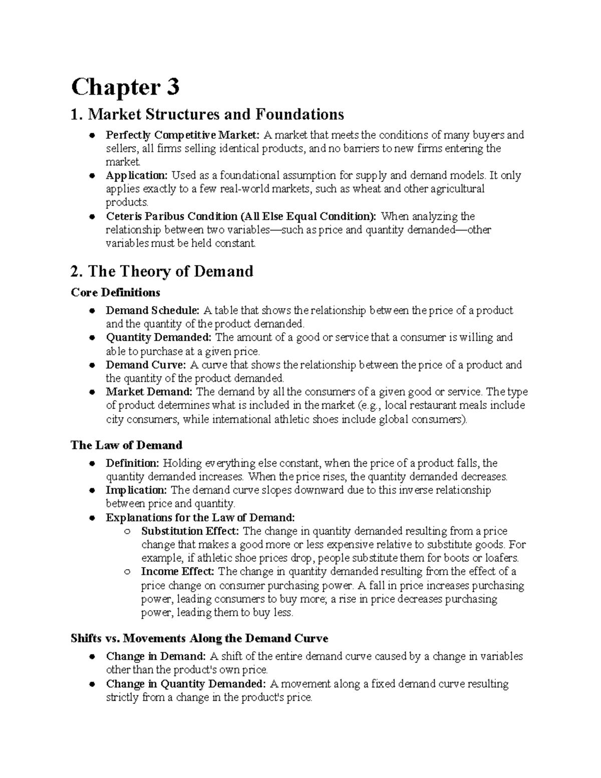 Econ 101 Chapter 3 Notes: Market Structures & Demand Theory - Studocu
