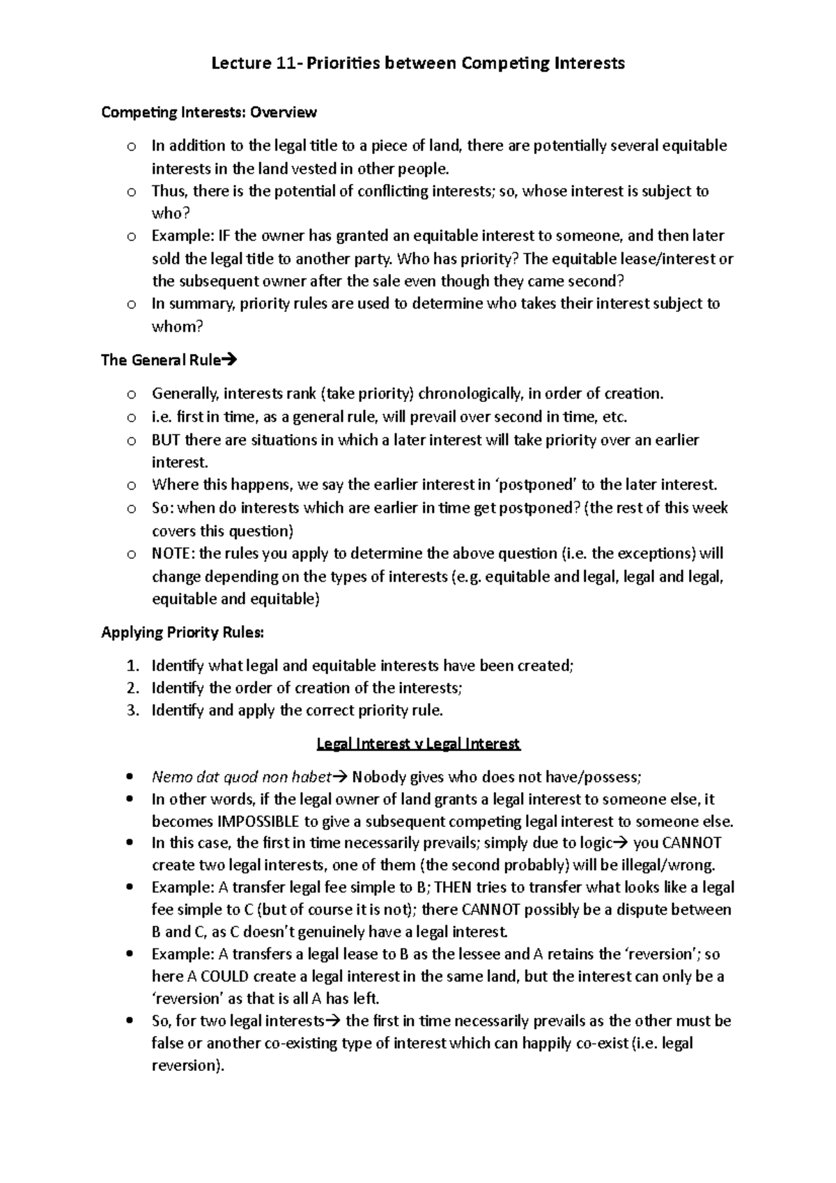 Lecture 11 - Competing Interests: Understanding Priority Rules - Studocu