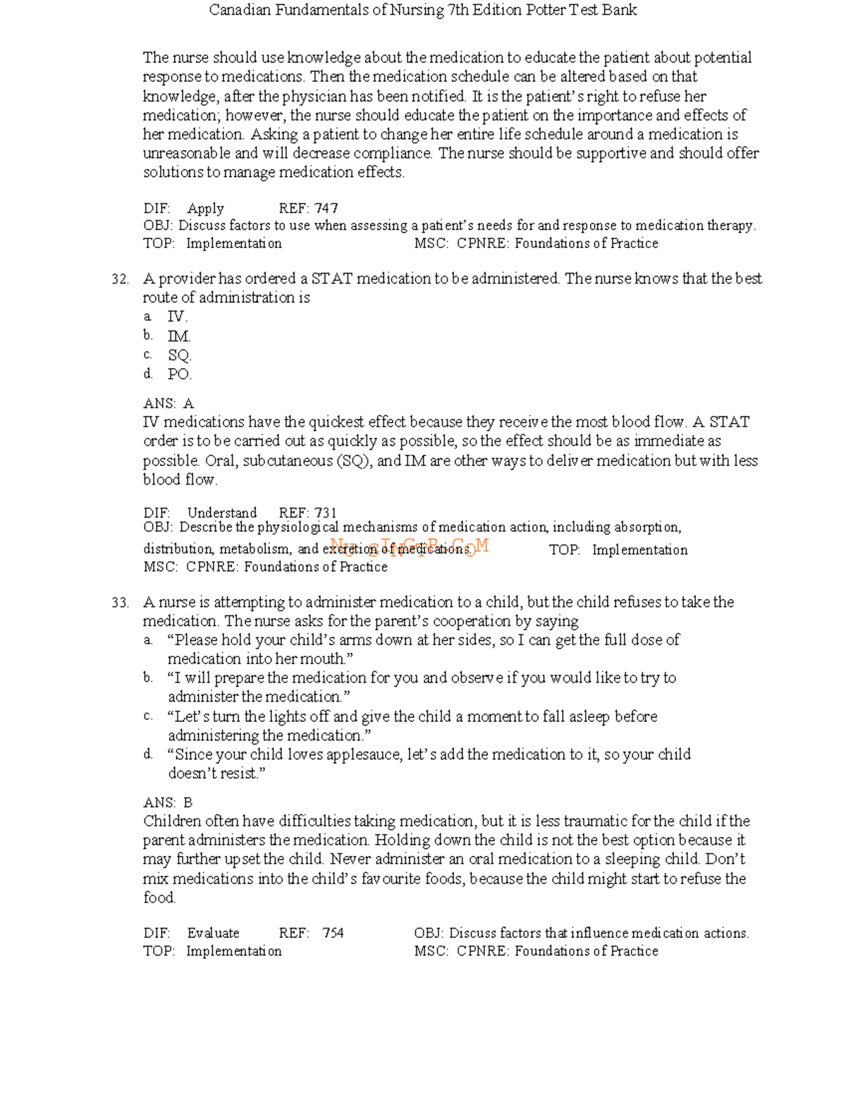 Canadian Fundamentals of Nursing 7th Ed. Potter Test Bank - Studocu