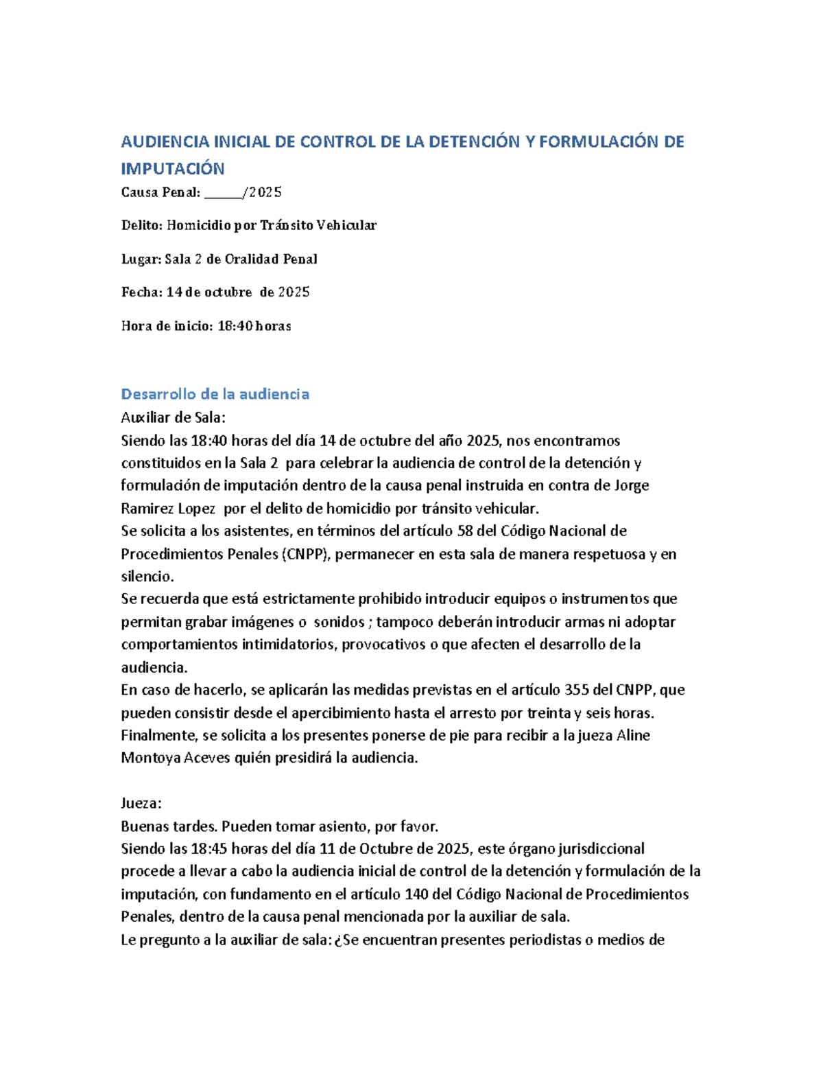 AUDIENCIA INICIAL DE CONTROL DE DETENCIÓN - HOMICIDIO (Causa Penal ...