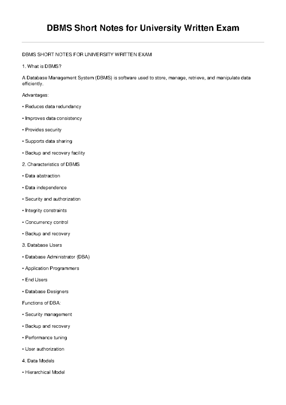 DBMS Short Notes for University Written Exam (DBMS 101) - Studocu