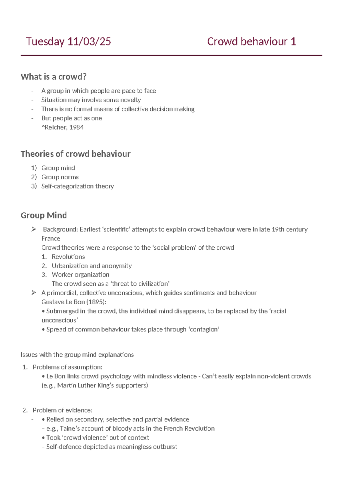 Crowd Behaviour 1 - Lecture Notes on Collective Action Theories - Studocu
