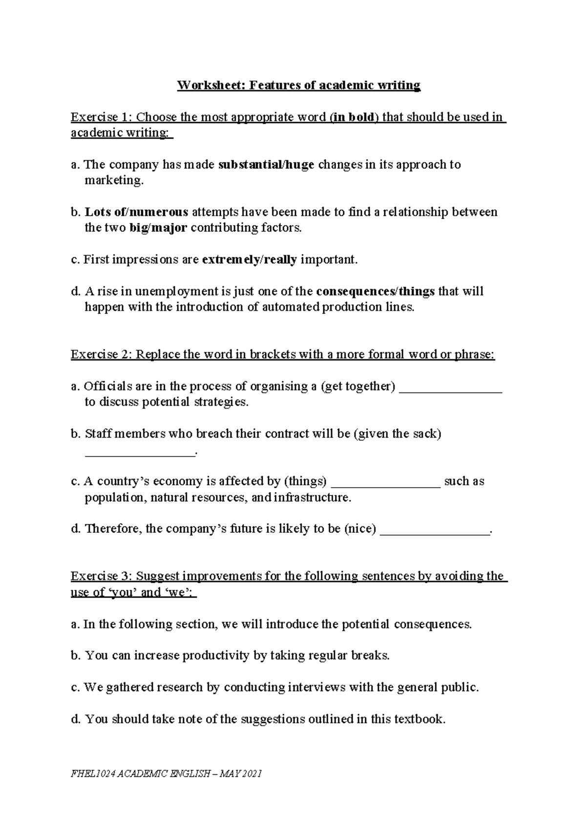Worksheet Student - Worksheet: Features of academic writing Exercise 1 ...