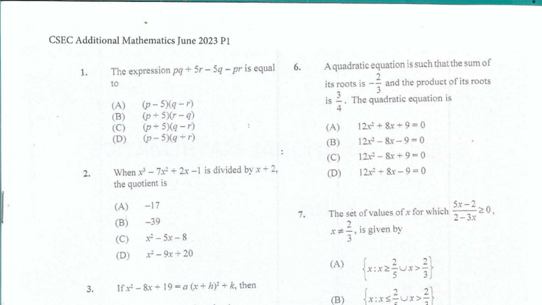 Add Math June 2023 P1 - Add Math P1 - CSEC Additional Mathematics June ...