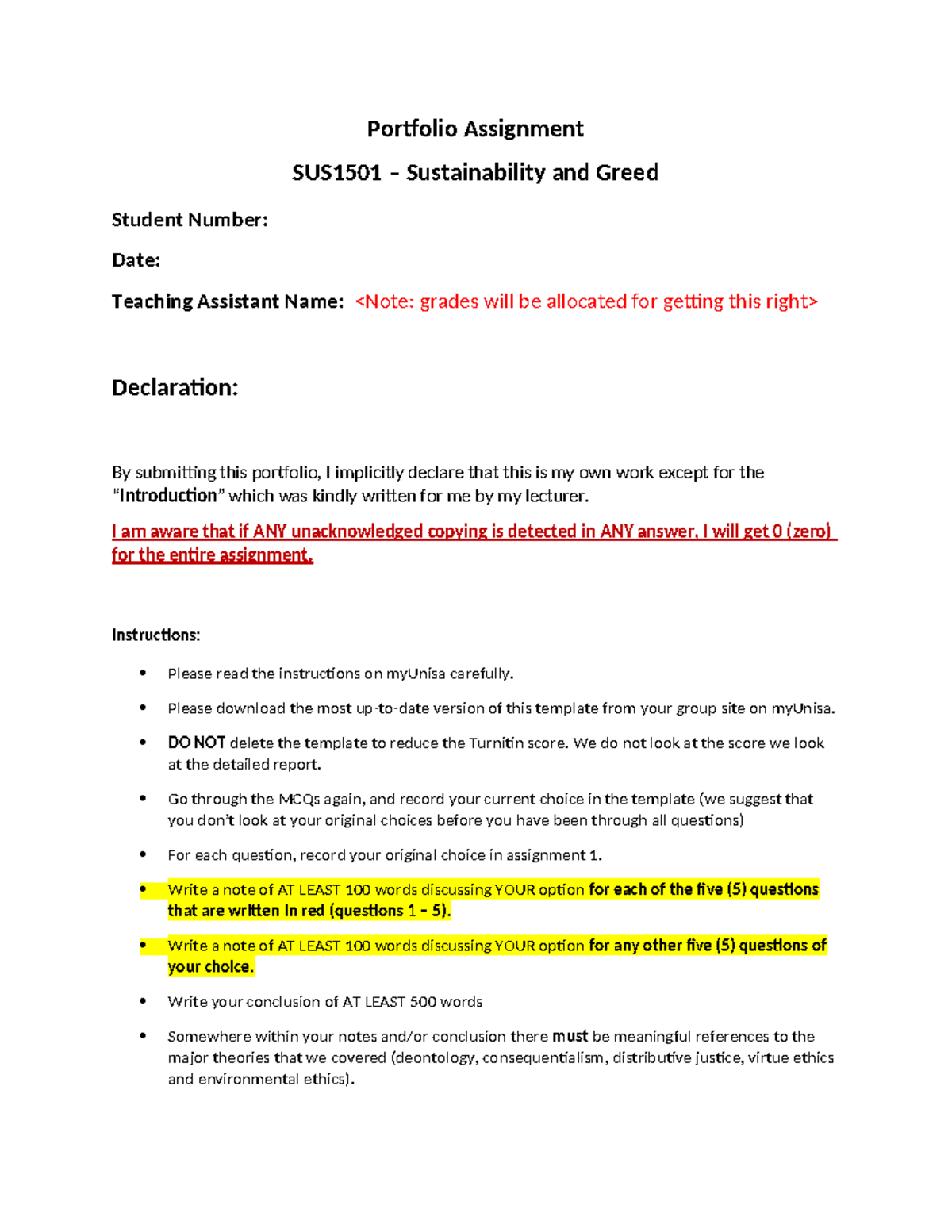 Portfolio Assignment SUS1501: Sustainability Perspectives and ...