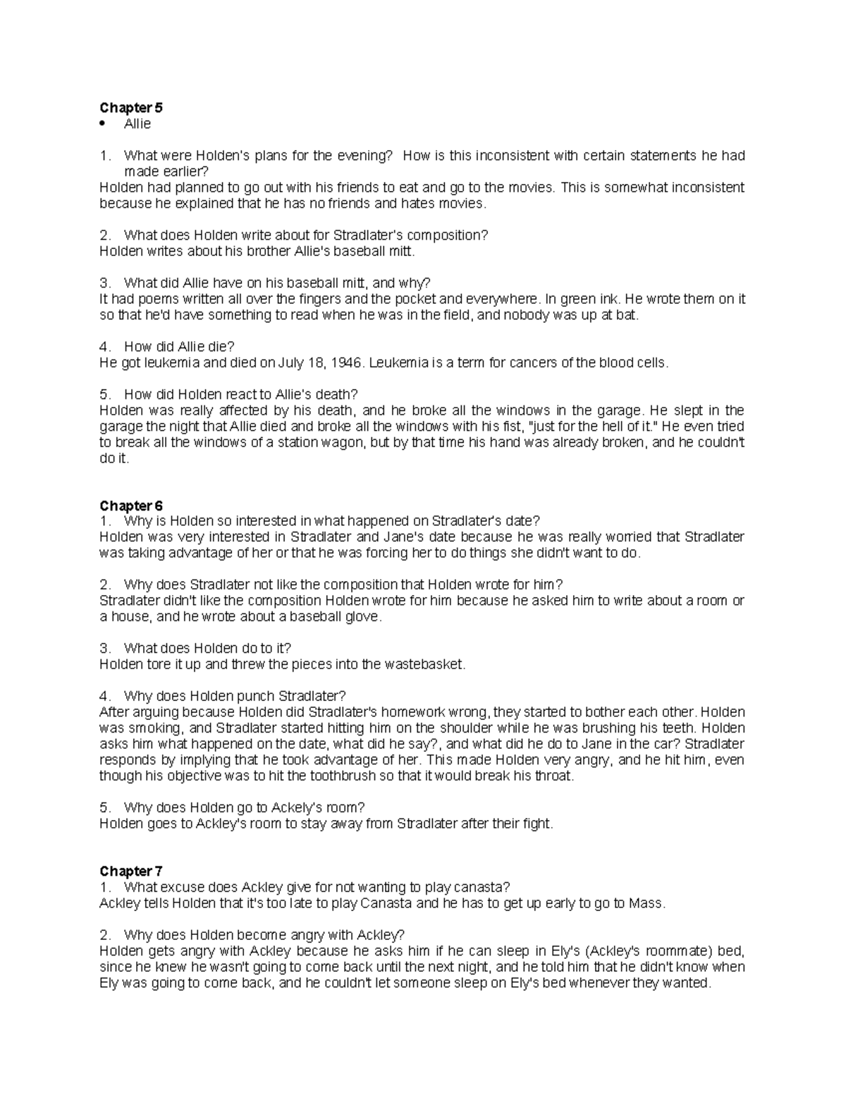 ENG 101: The Catcher in the Rye Chapter Review Questions - Studocu