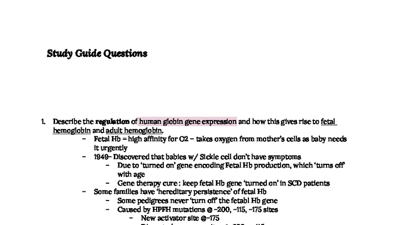 Study Guide: Regulation of Hemoglobin Genes & Sickle Cell Disease ...