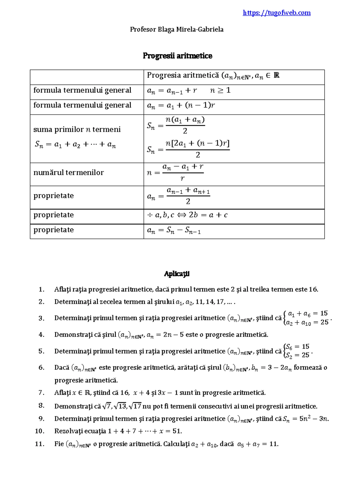 Progresii Geometrice - Formula Generală și Aplicații (Matematica) - Studocu