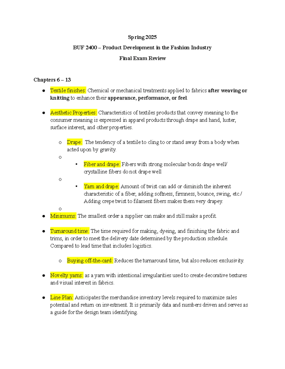BUF 2400 Final Exam Review: Product Development in Fashion - Spring ...
