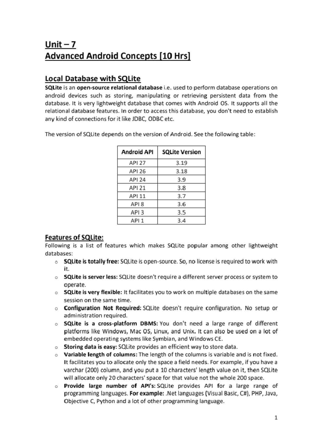 Unit 7 - Advanced Android Concepts: Local Database with SQLite - Studocu