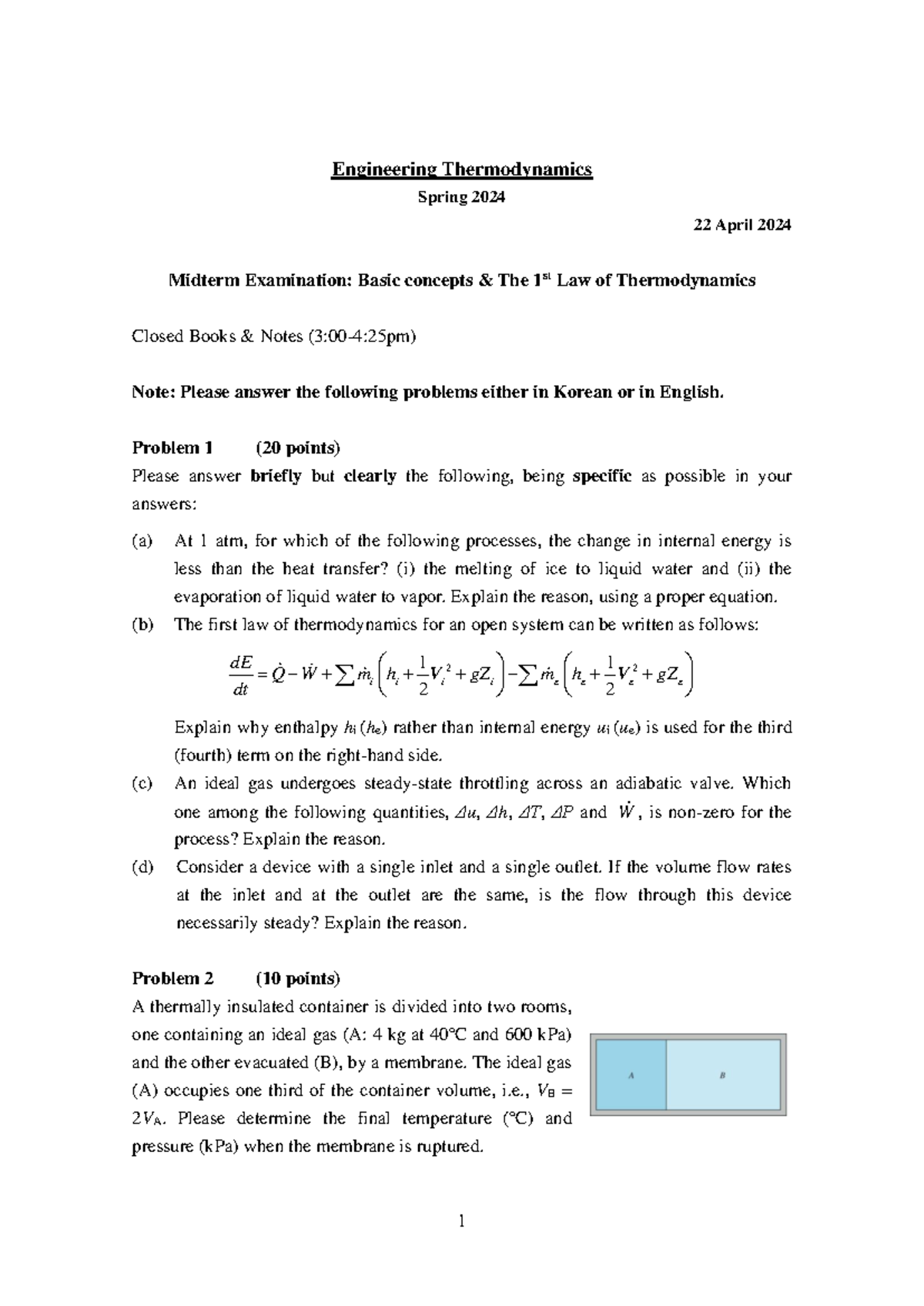 Sample-midexam - midterm example - Engineering Thermodynamics Spring ...