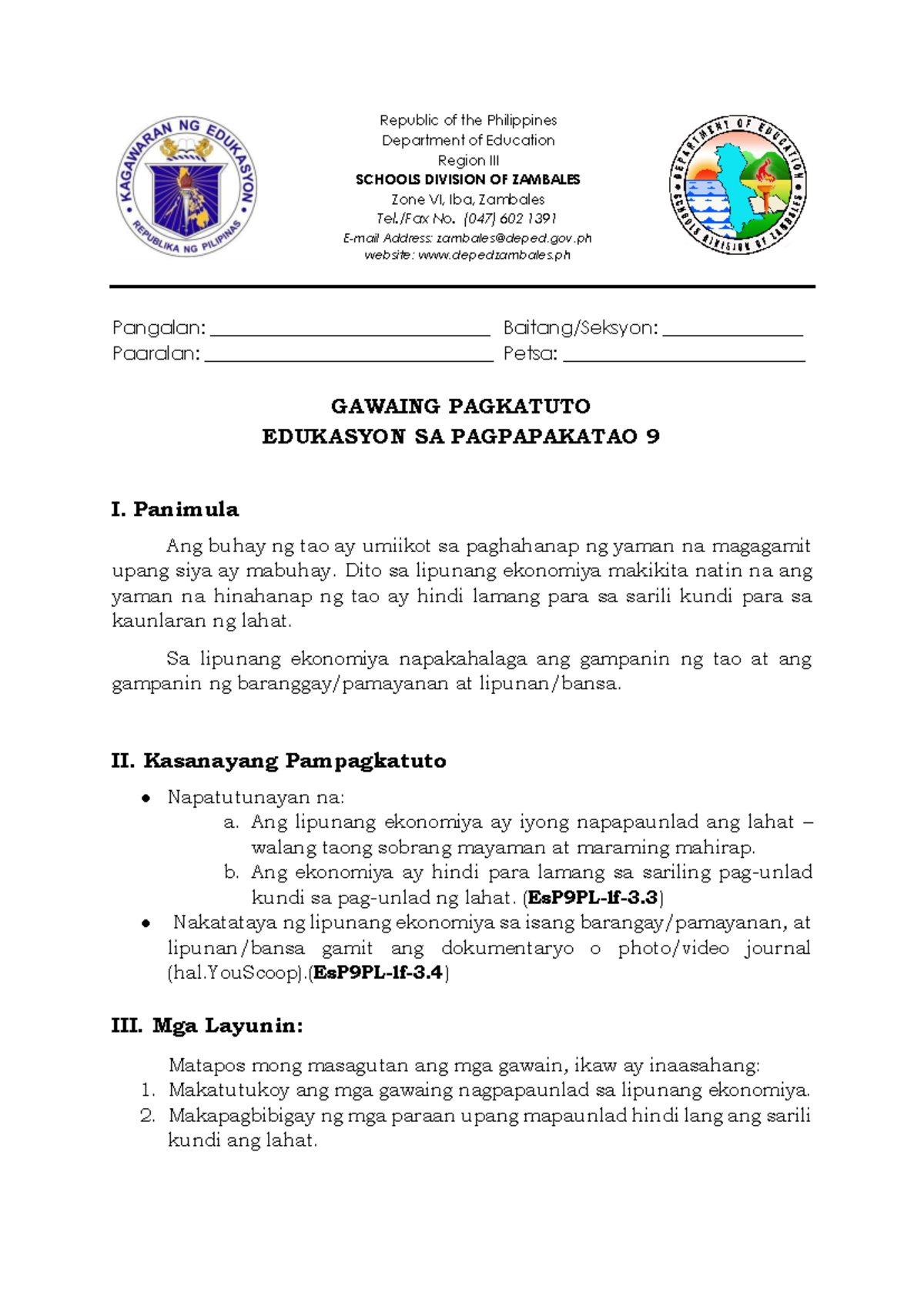 Grade 9 ESP WEEK 6 LAS - AP module - Republic of the Philippines ...