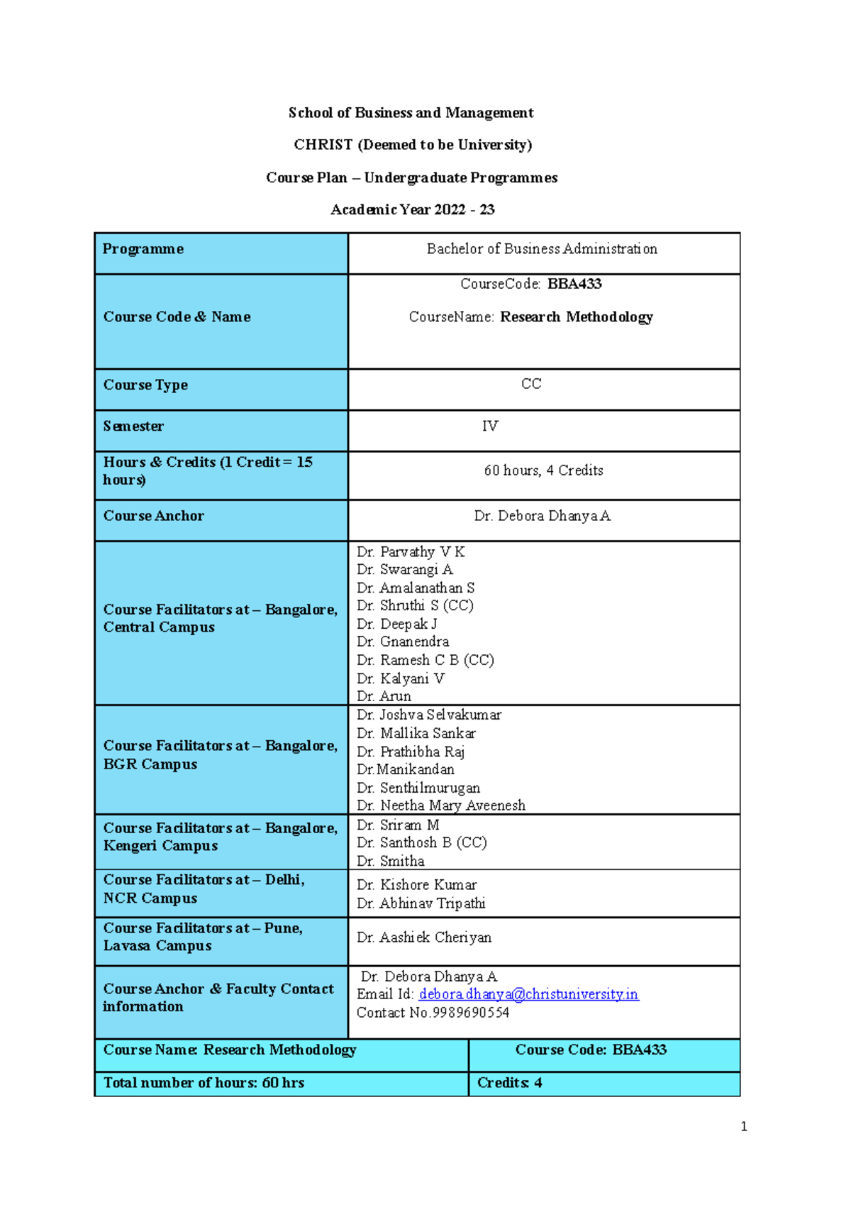 BBA433 Research Methodology Course Plan for AY 2022-23 - Studocu