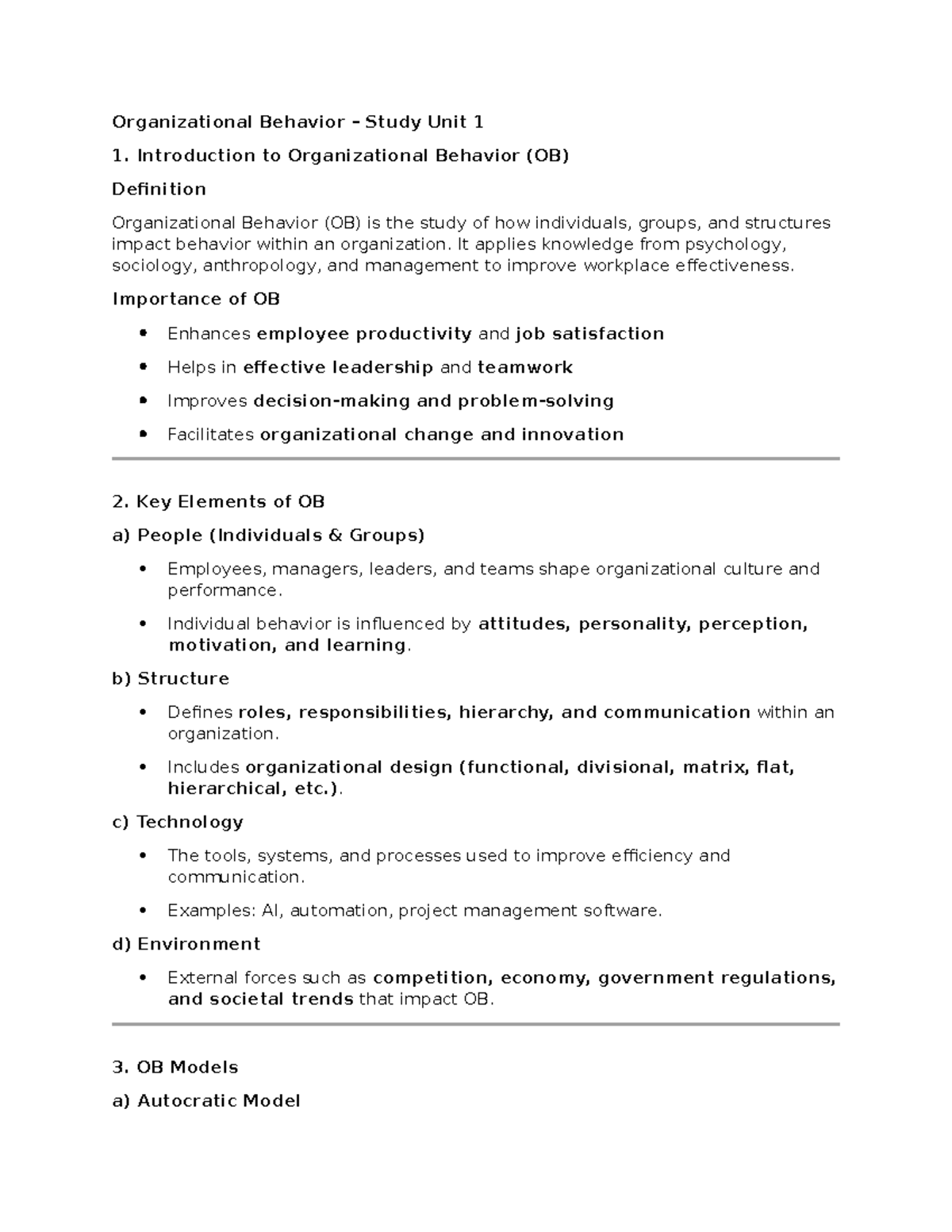 BUS 104 OB SU 1 - Notes for SU 1 - Organizational Behavior – Study Unit ...