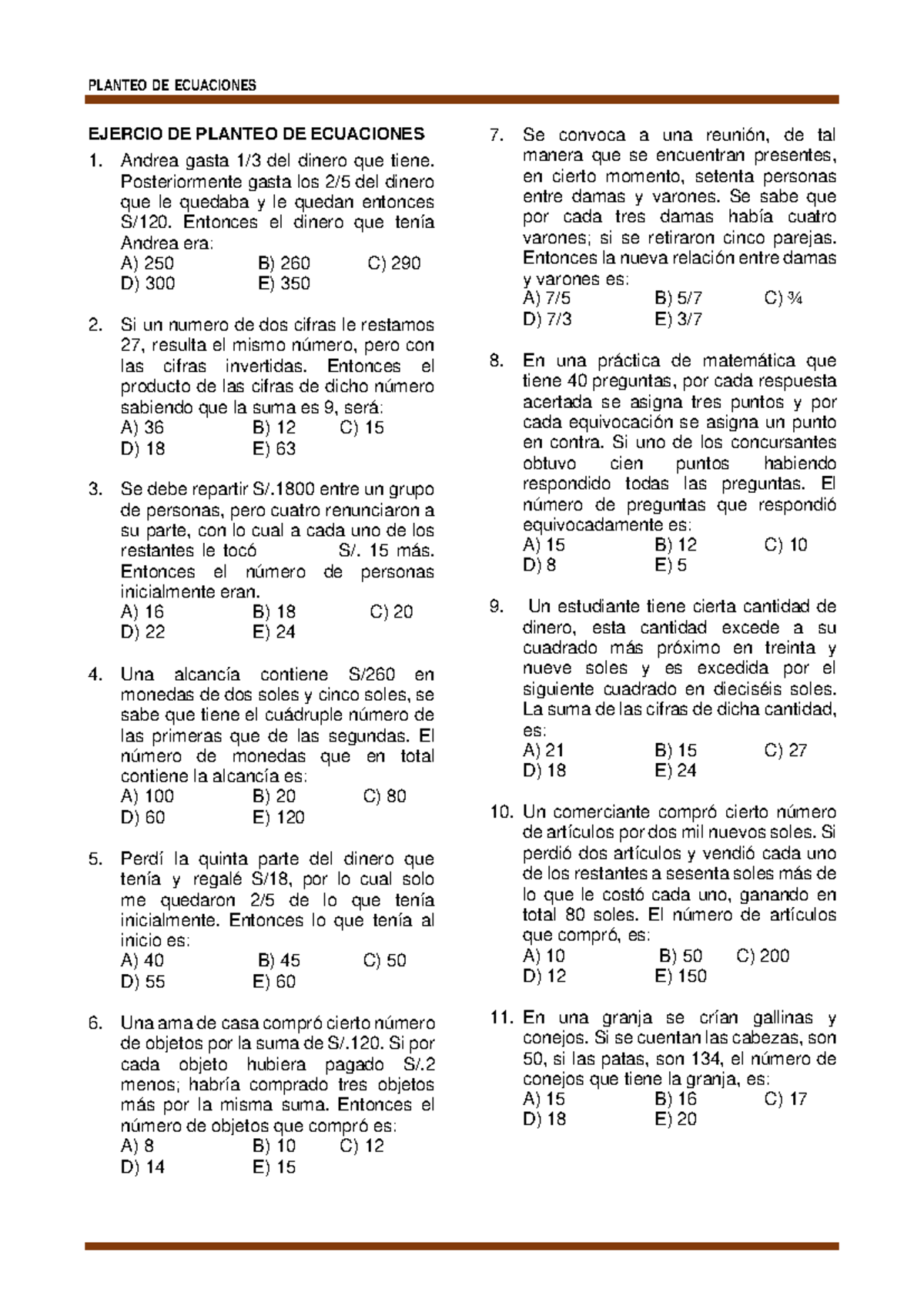 PLANTEO DE ECUACIONES - EJERCICIOS Y SOLUCIONES 1-22 - Document Preview