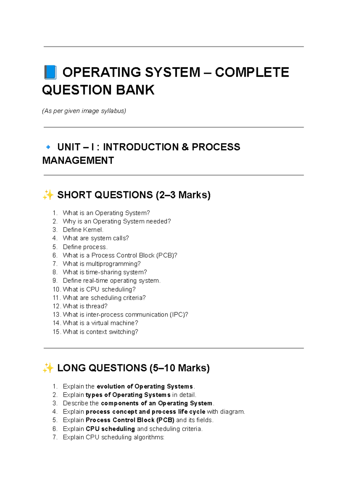 Operating System (OS) Complete Question Bank - Unit I to IV - Studocu