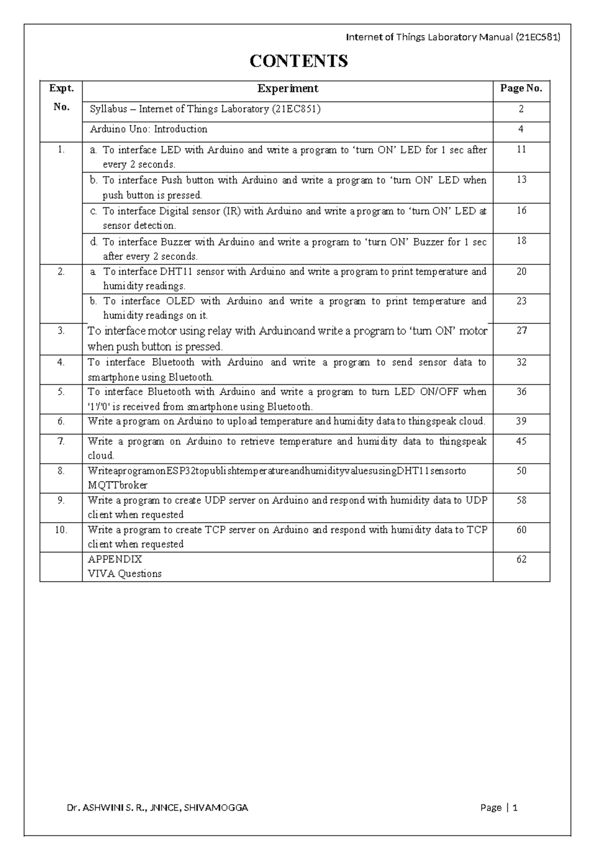 Internet of Things Lab Manual (21EC581) - Experiments & Code - Studocu