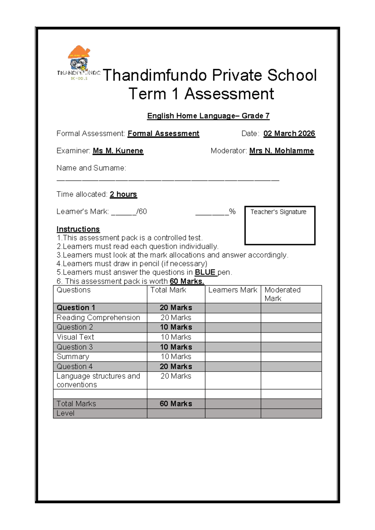 Grade 7 English Term 1 Formal Assessment: Reading & Language Skills ...