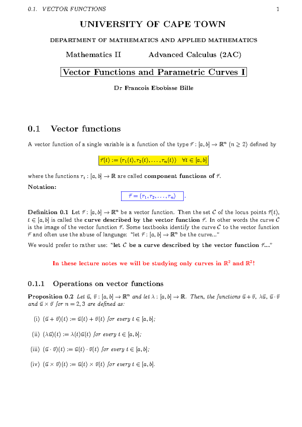 Vector Functions and Parametric Curves I - MATH II (2AC) Lecture Notes ...