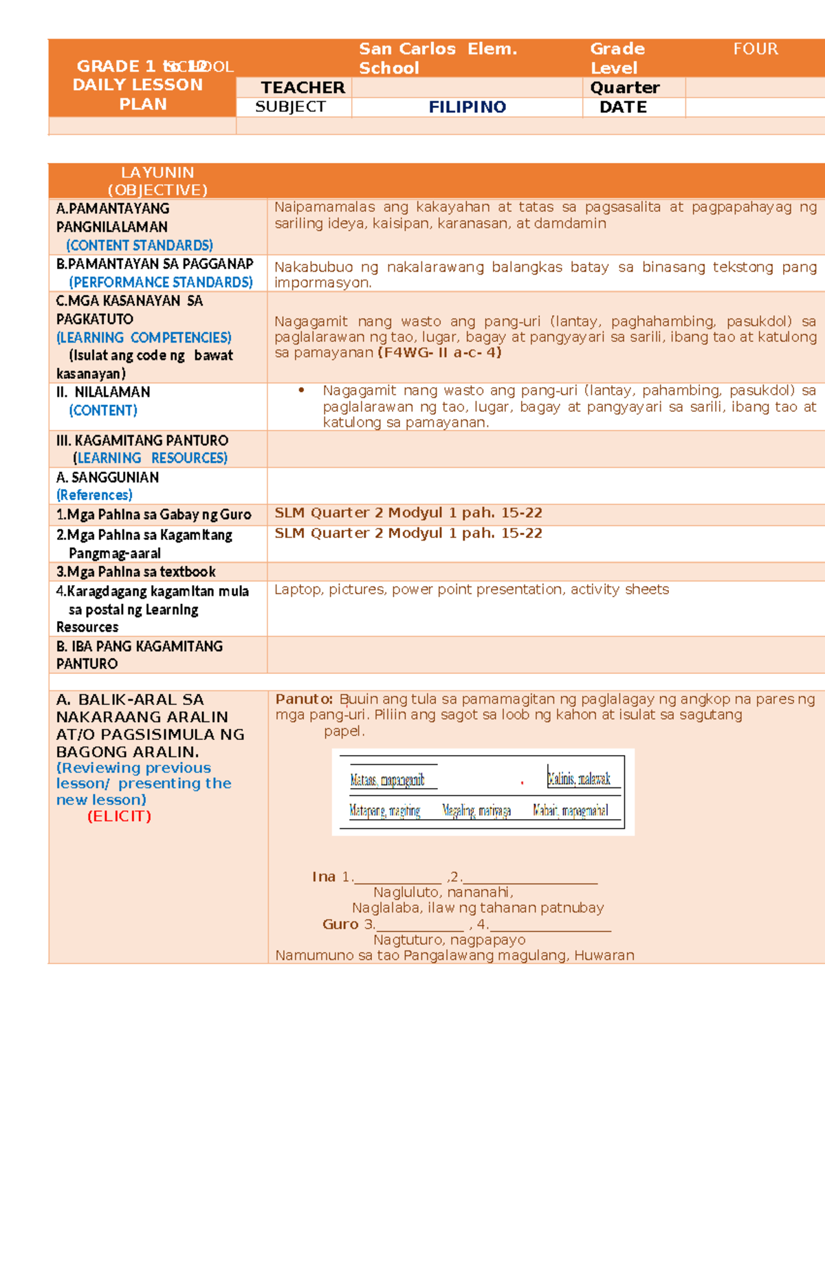 Filipino 4 Daily Lesson Plan: Objectives & Content Standards - Studocu
