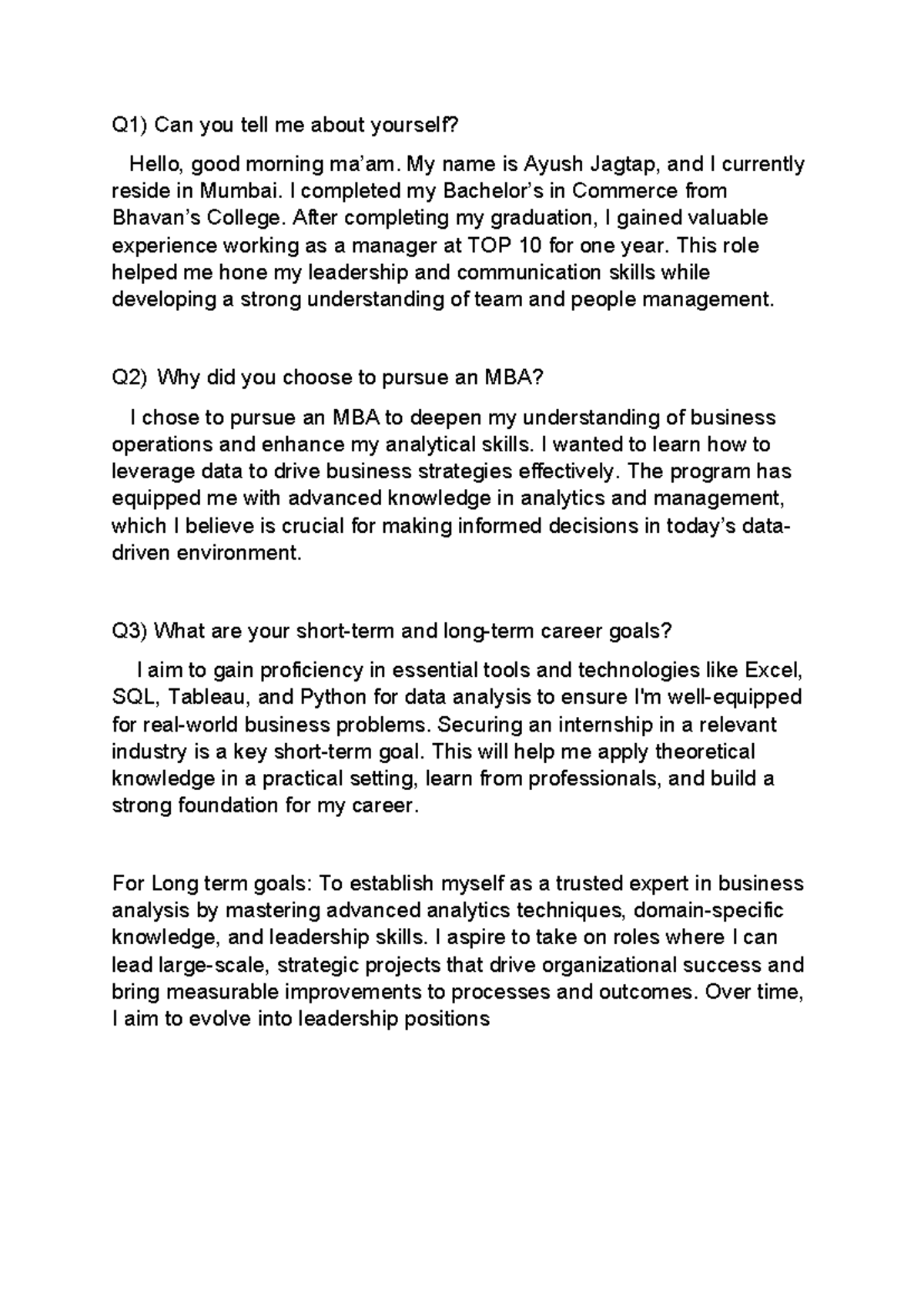 MBA Interview Preparation: Personal Introduction & Career Goals - Studocu
