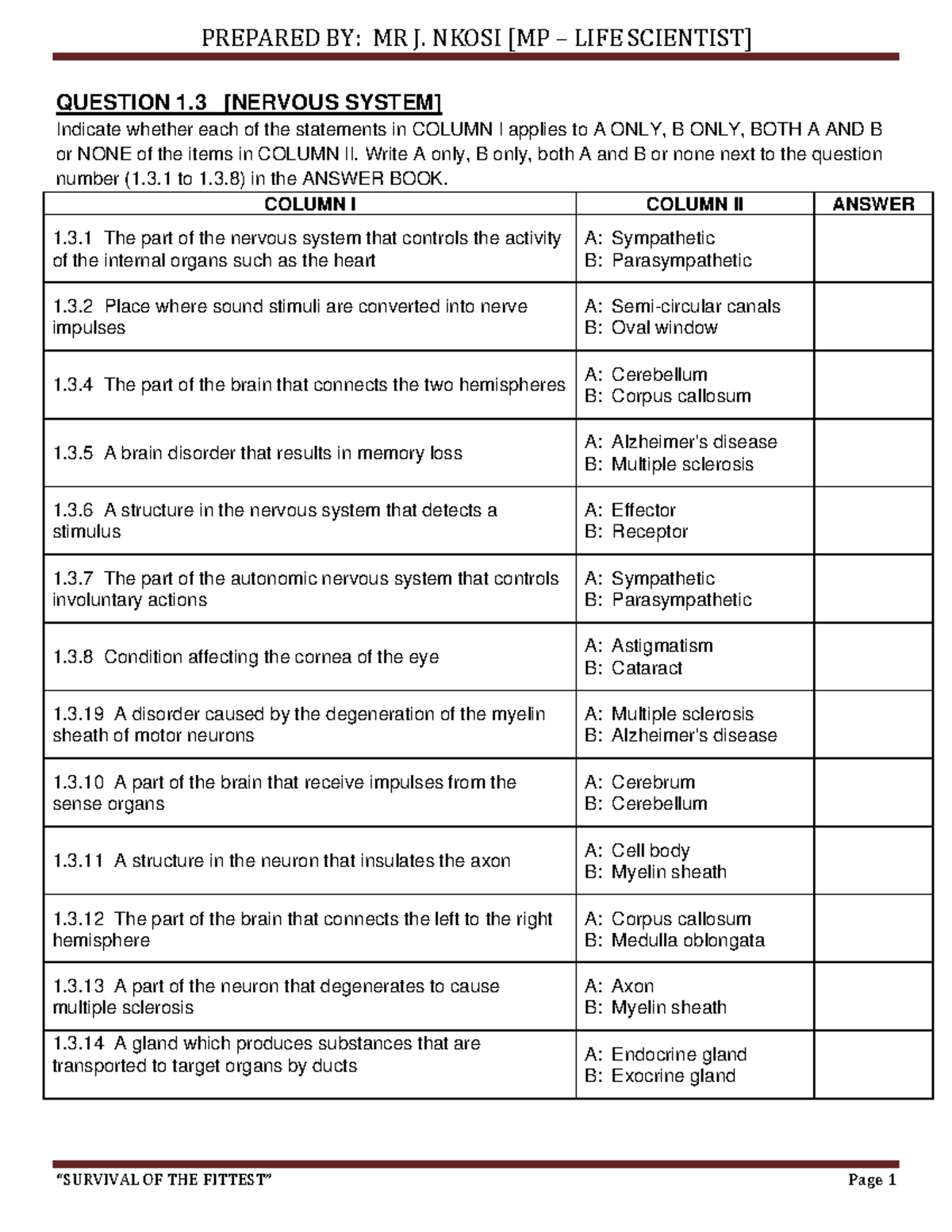 LIFE 2020 Match Column Questions: Understanding Nervous System ...