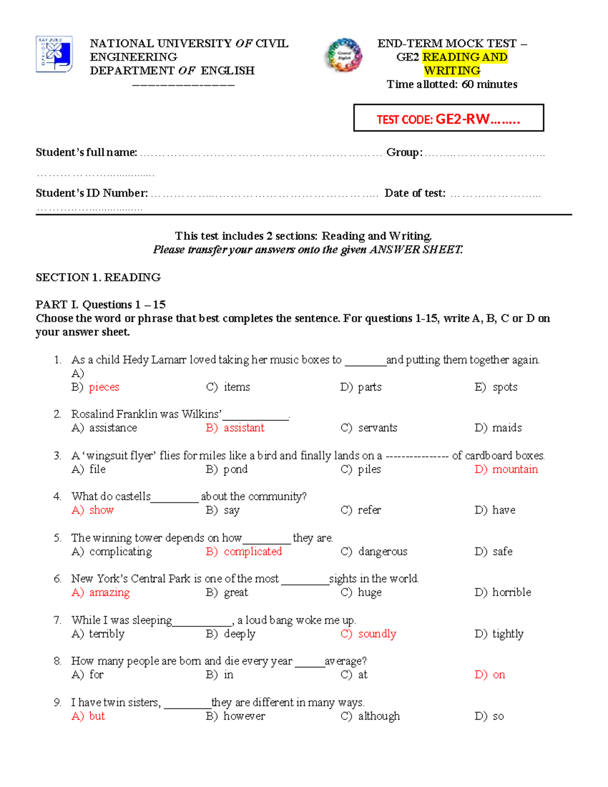 CB2 End-Term Mock Test GE2 Reading & Writing - Key Answers - Studocu
