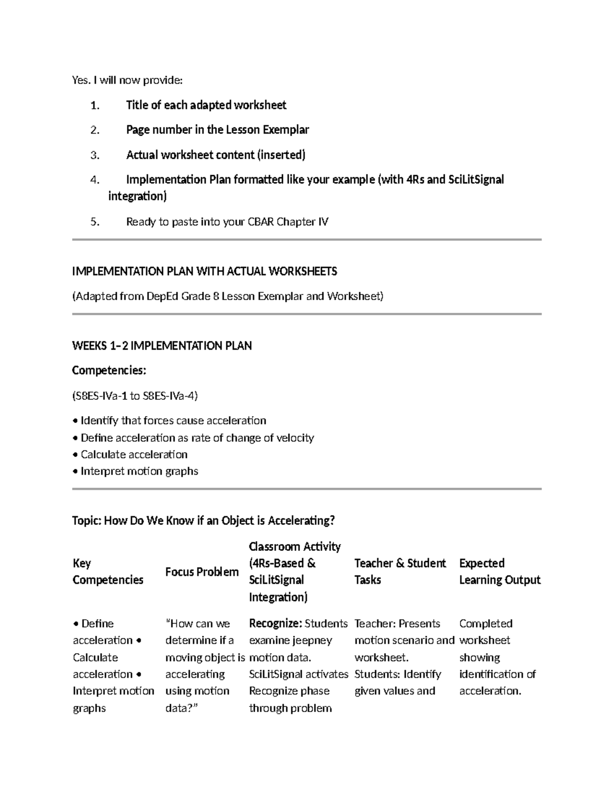 Grade 8 Science Implementation Plan: Acceleration, Work, and Energy ...