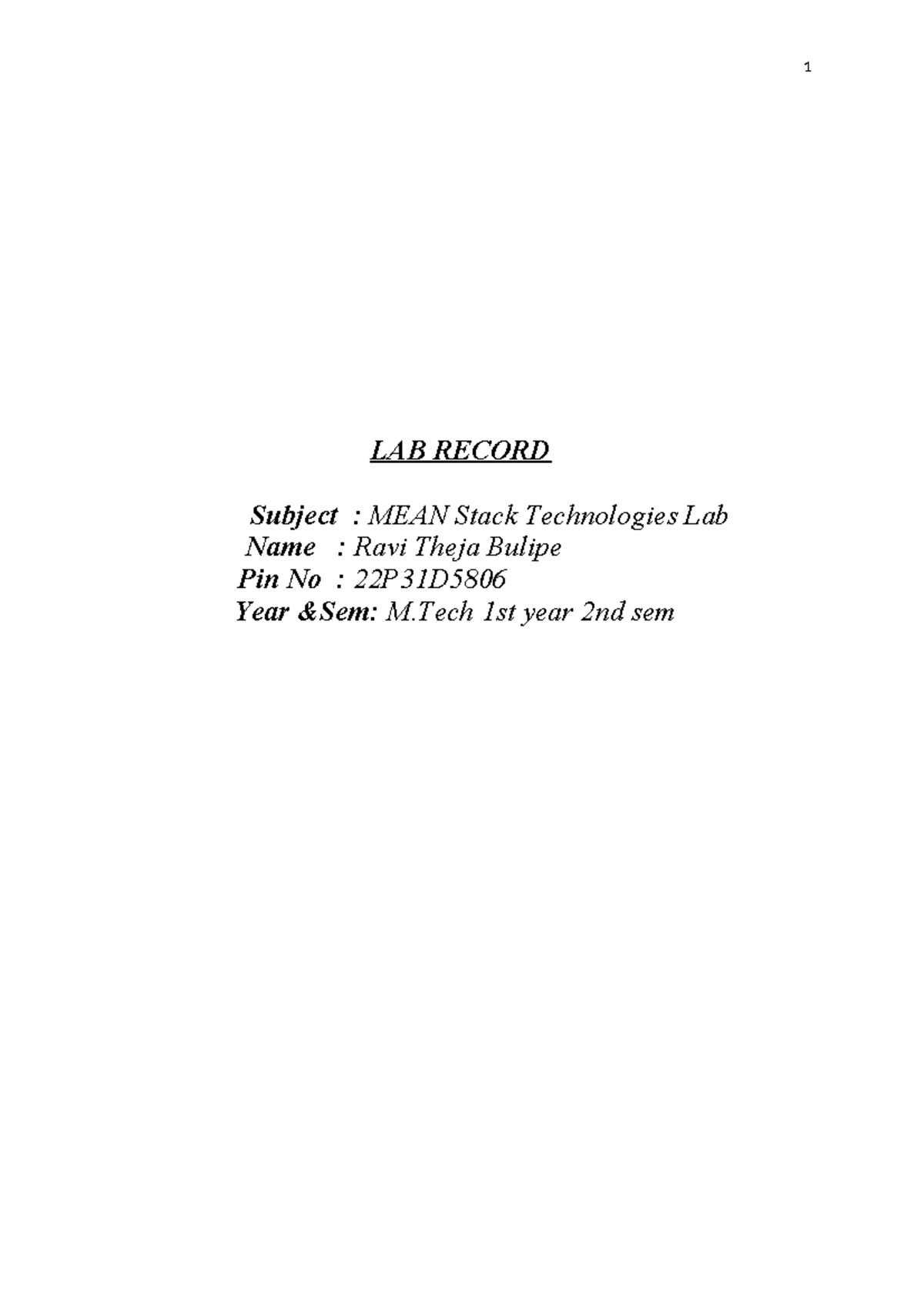 MEAN Stack Technologies Lab Record 22p31d5806 - LAB RECORD Subject ...