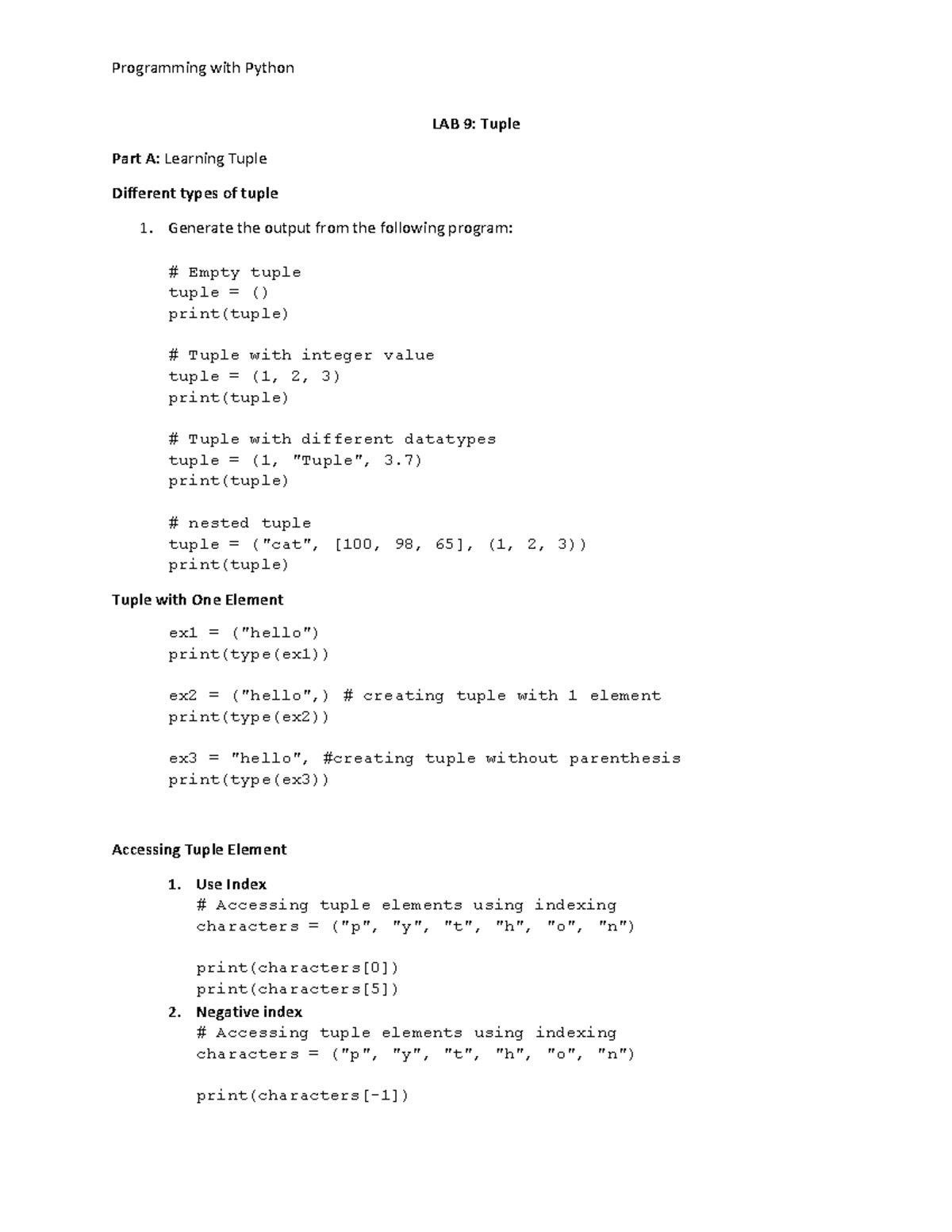 Lab 9 - Python Tuples: Learning, Creating, and Accessing Elements - Studocu