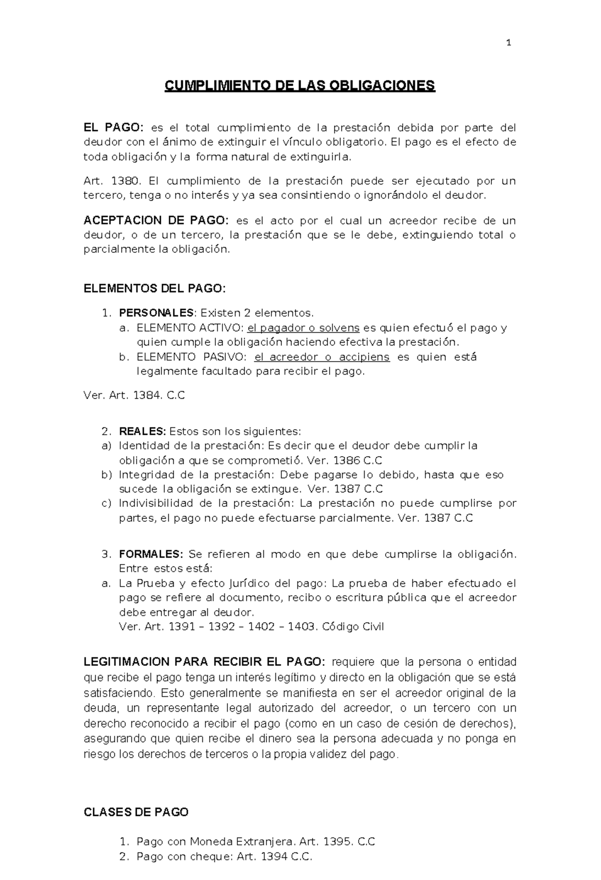 1 CUMPLIMIENTO DE LAS OBLIGACIONES Y FORMAS DE PAGO EN DERECHO - Studocu