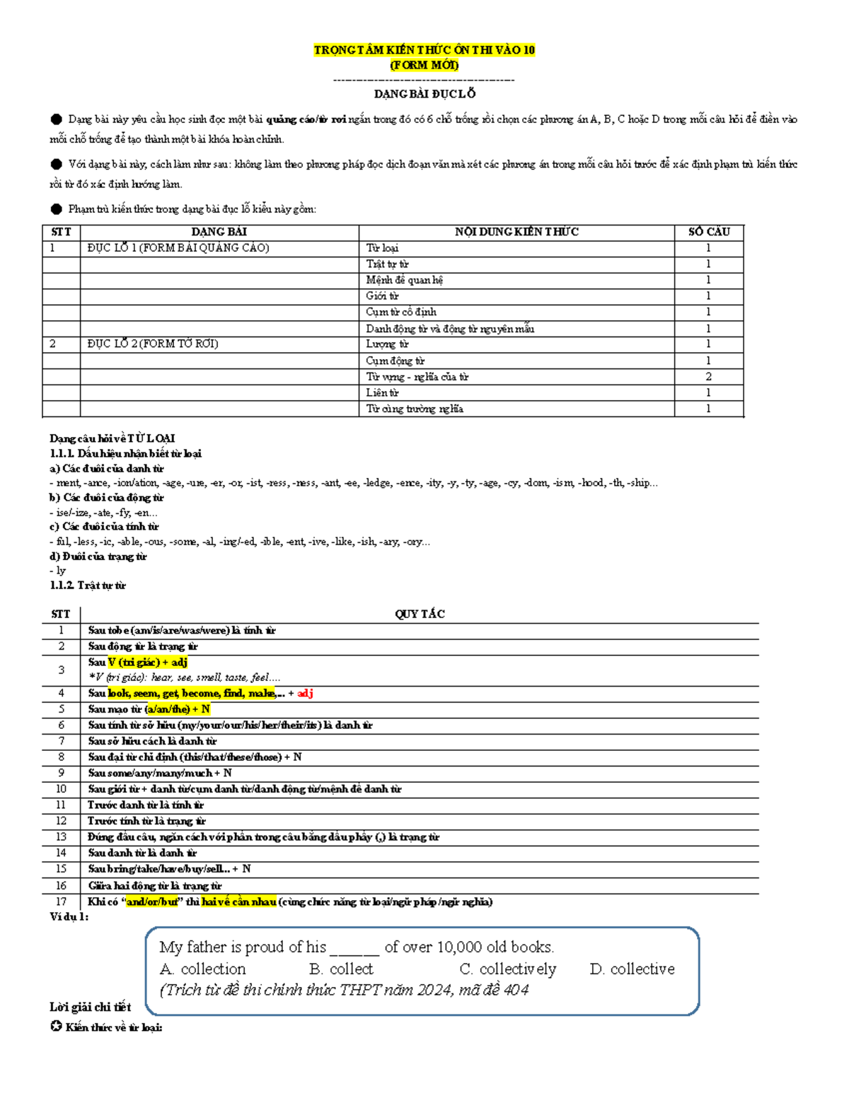 TRỌNG TÂM KIẾN THỨC ÔN THI VÀO 10 - DẠNG BÀI ĐỤC LỖ - Document Preview