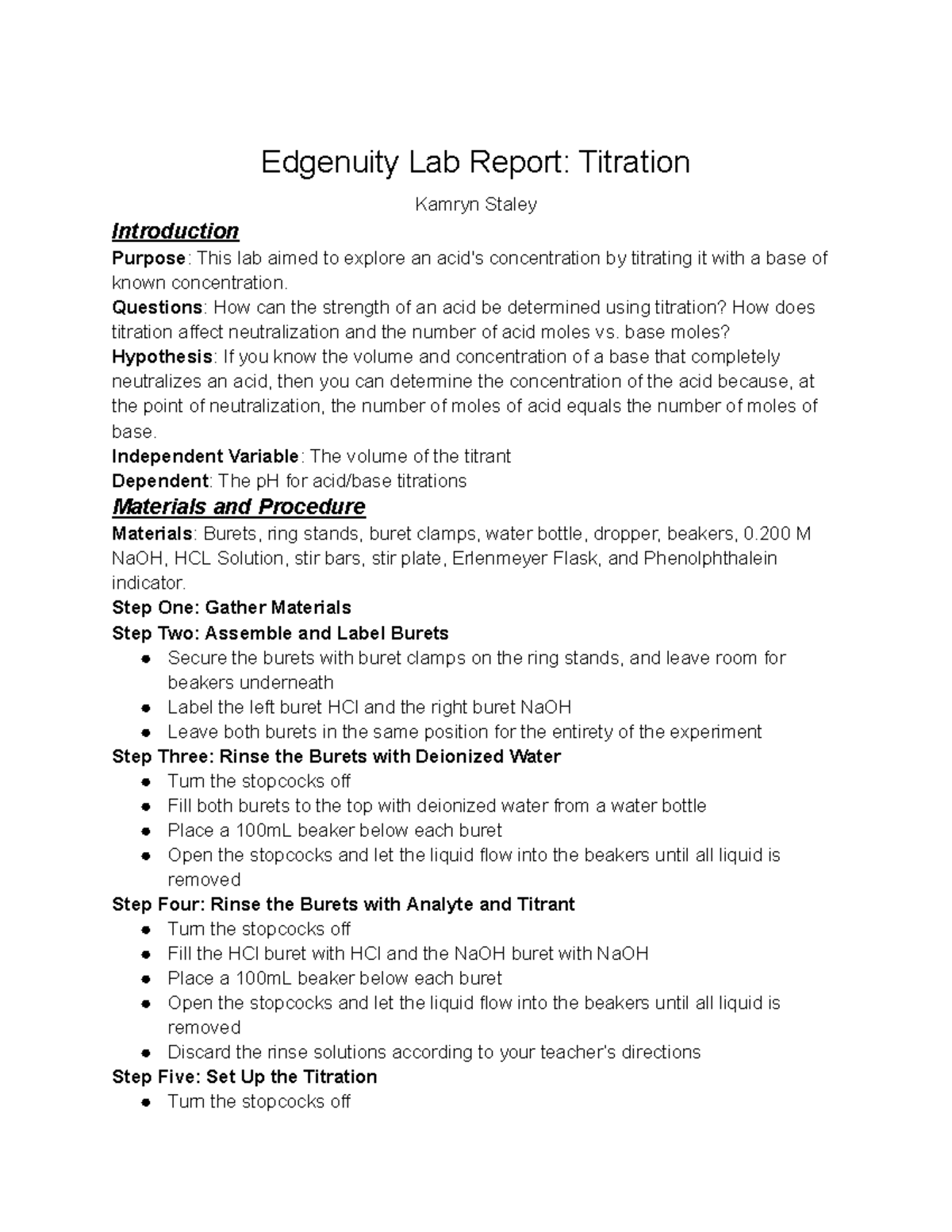 Edgenuity Lab Report: Titration of Acid with Base Analysis - Studocu