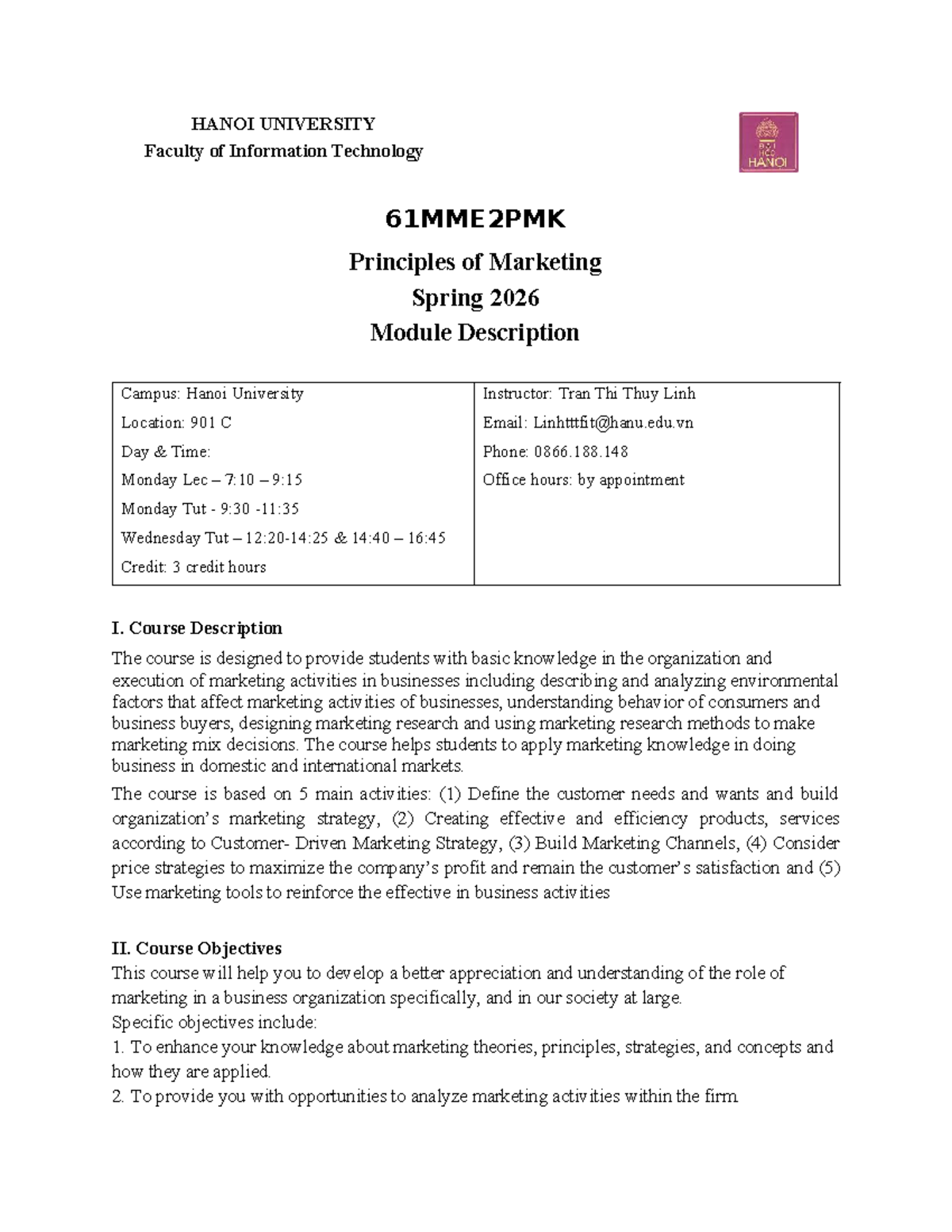 MD-PMK Principles of Marketing Course Overview and Schedule Spring 2026 ...
