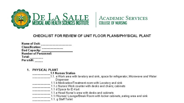 NLM 1 Checklist for Review of Unit Floor Plan and Design - Studocu
