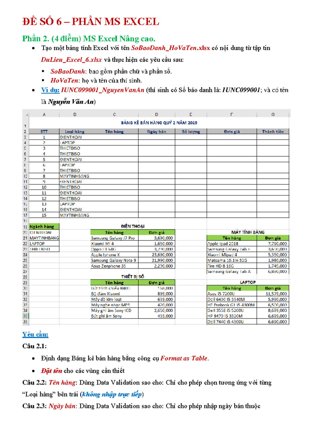 De So 6 - de 6 - ĐỀ SỐ 6 – PHẦN MS EXCEL Phầ n 2. (4 điể m) MS Excel ...