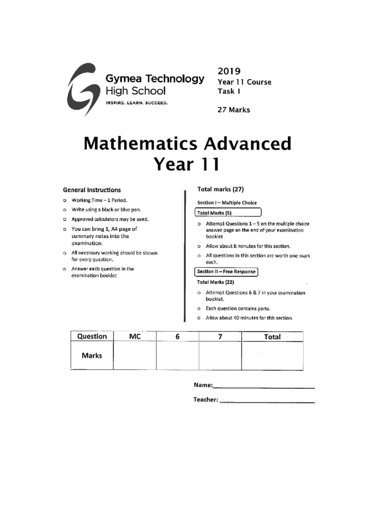 Gymea Year 11 2019 Mathematics Advanced Task 1 Exam Guide - Studocu