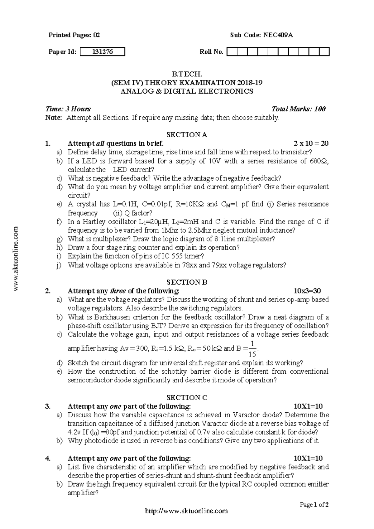 B.Tech ECE IV Sem Analog & Digital Electronics NEC409A Exam 2019 - Studocu
