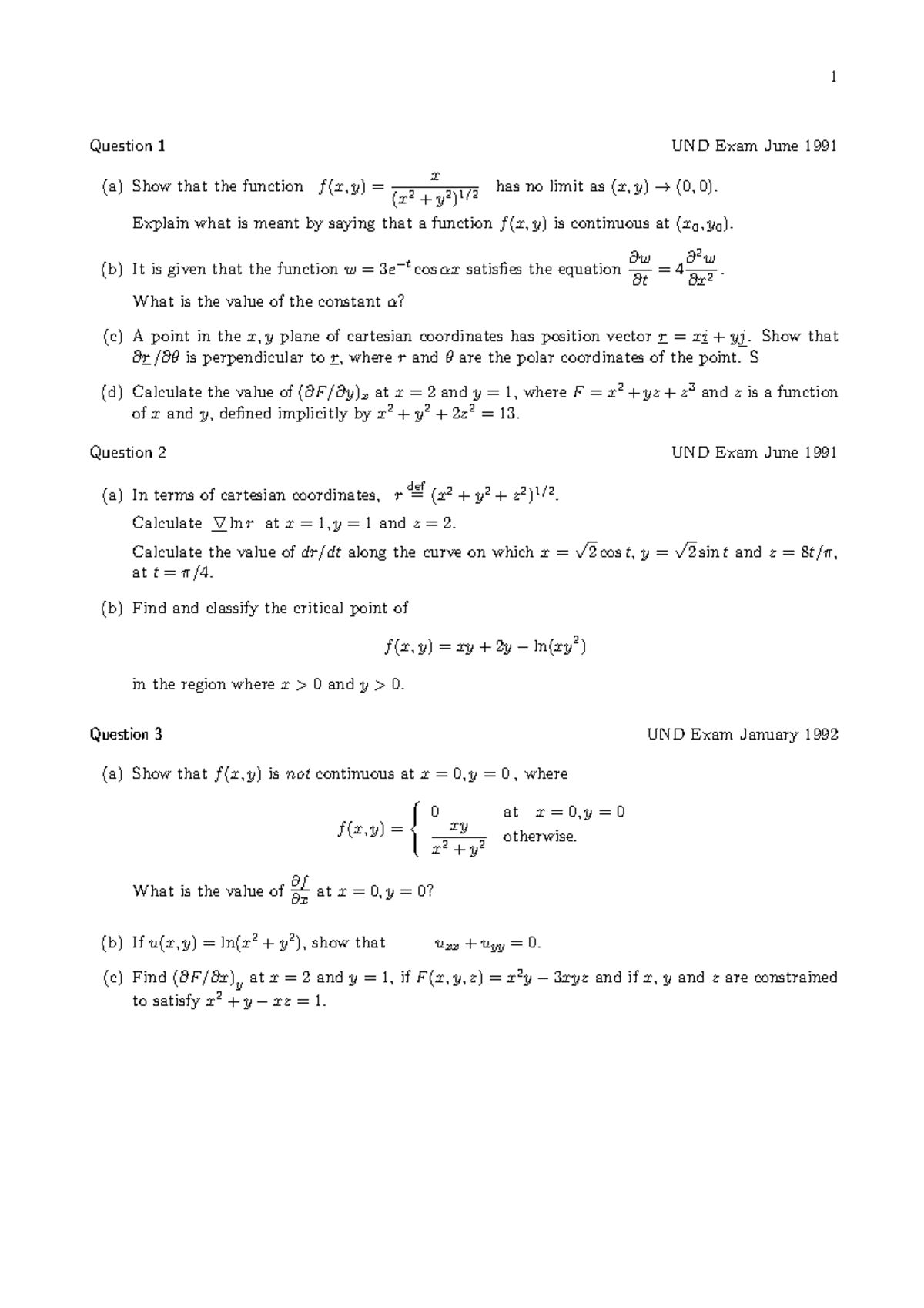Old Exam Questions - Practice Problems for Calculus (UND) - Studocu