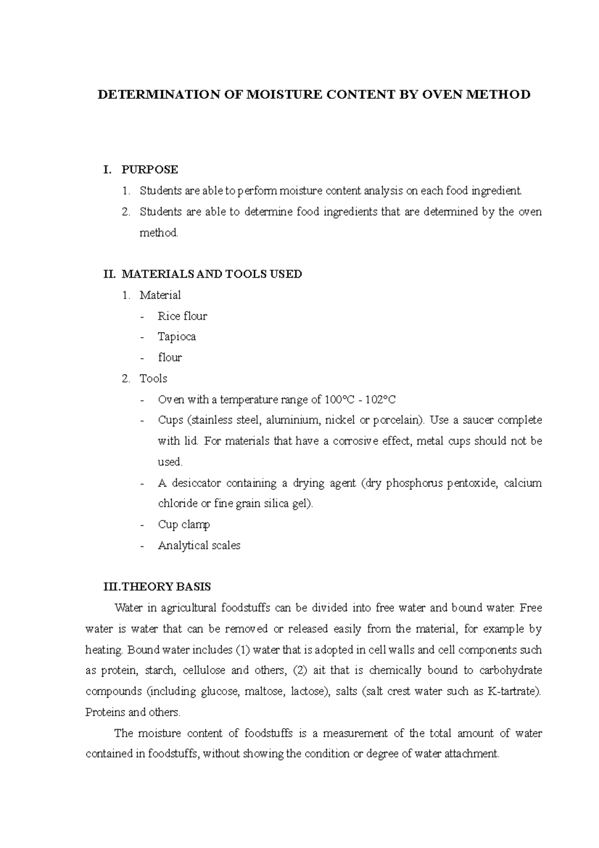 Determination of Moisture Content in Food Ingredients by Oven Method ...