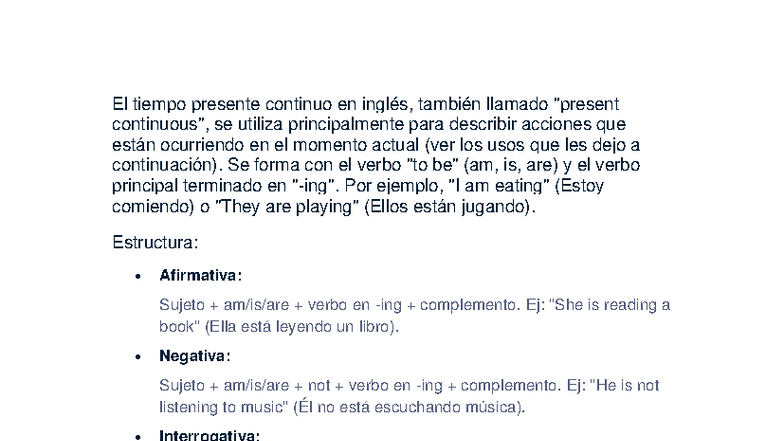 El tiempo verbal presente continuo en inglés: Usos y Estructura - Studocu