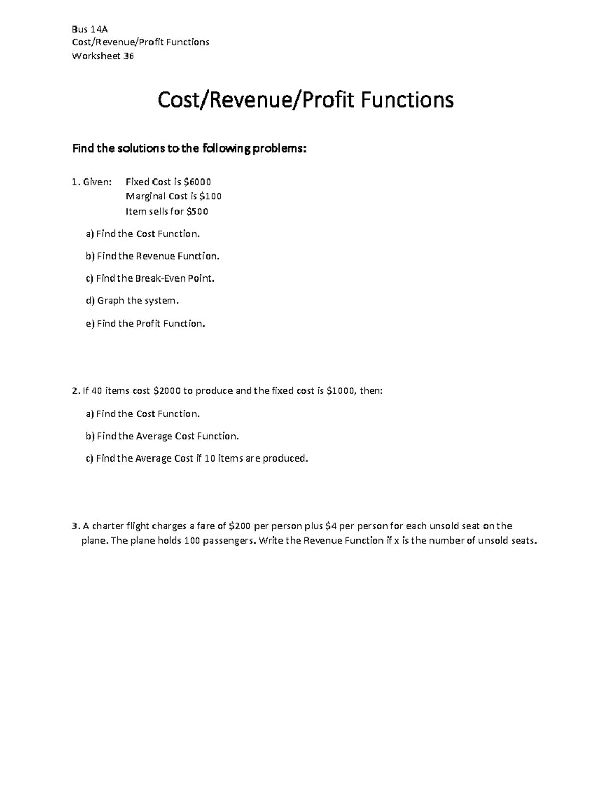 Bus 14A Cost/Revenue/Profit Functions Worksheet 36 Analysis - Bus 14A ...