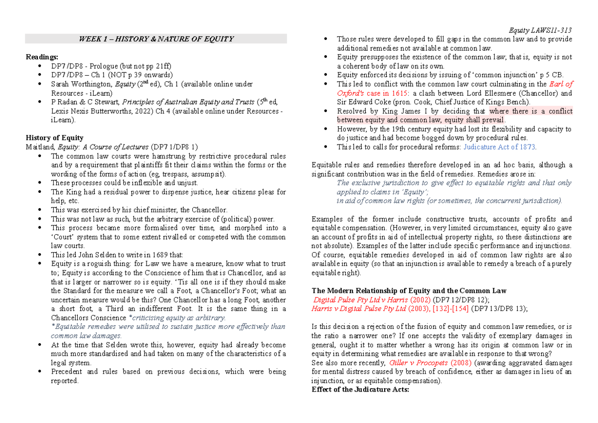 Equity Forums: Week 1 Lecture Notes on History & Nature of Equity - Studocu