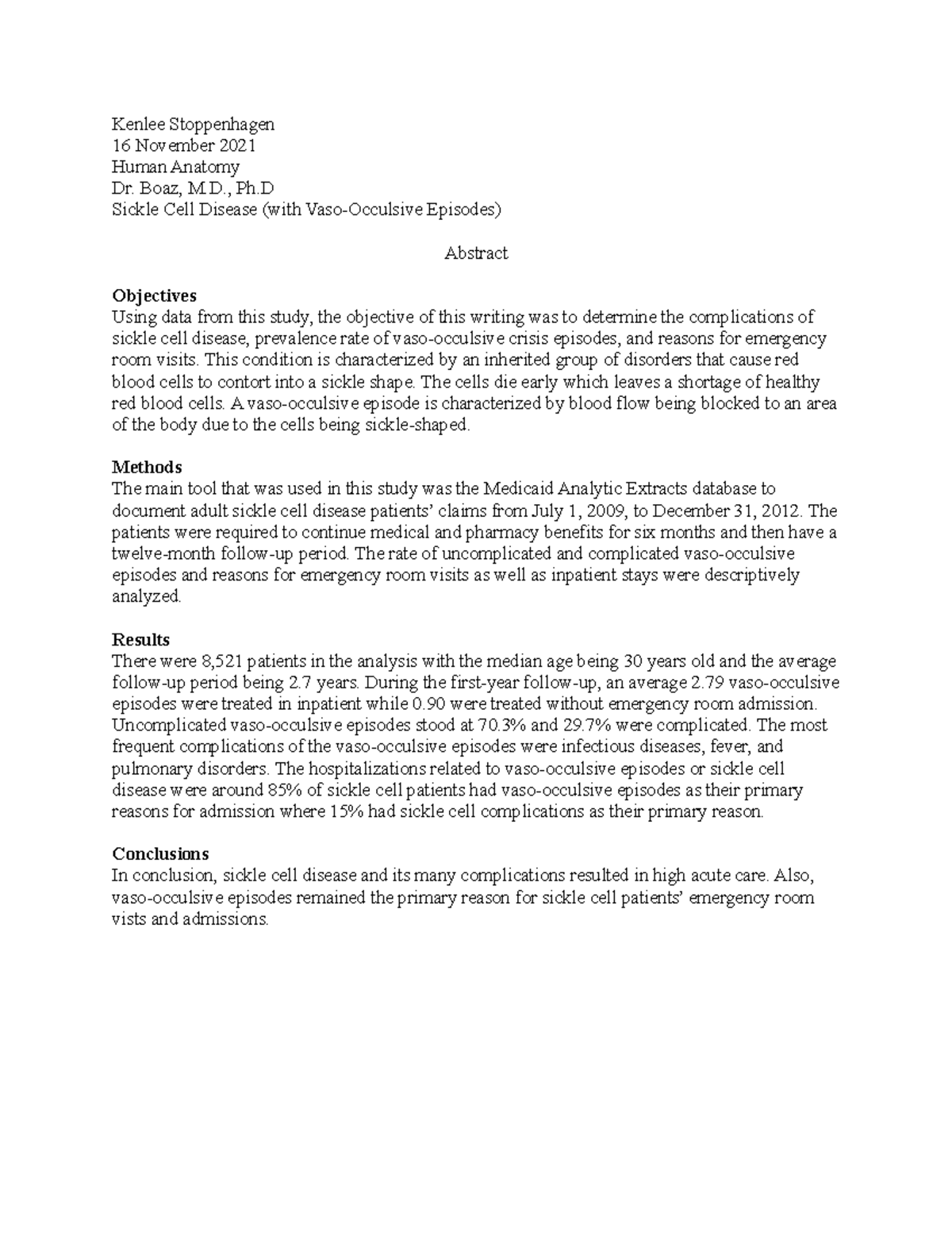 Human Anatomy - Abstract on Sickle Cell Disease (ANAT-202) - Studocu