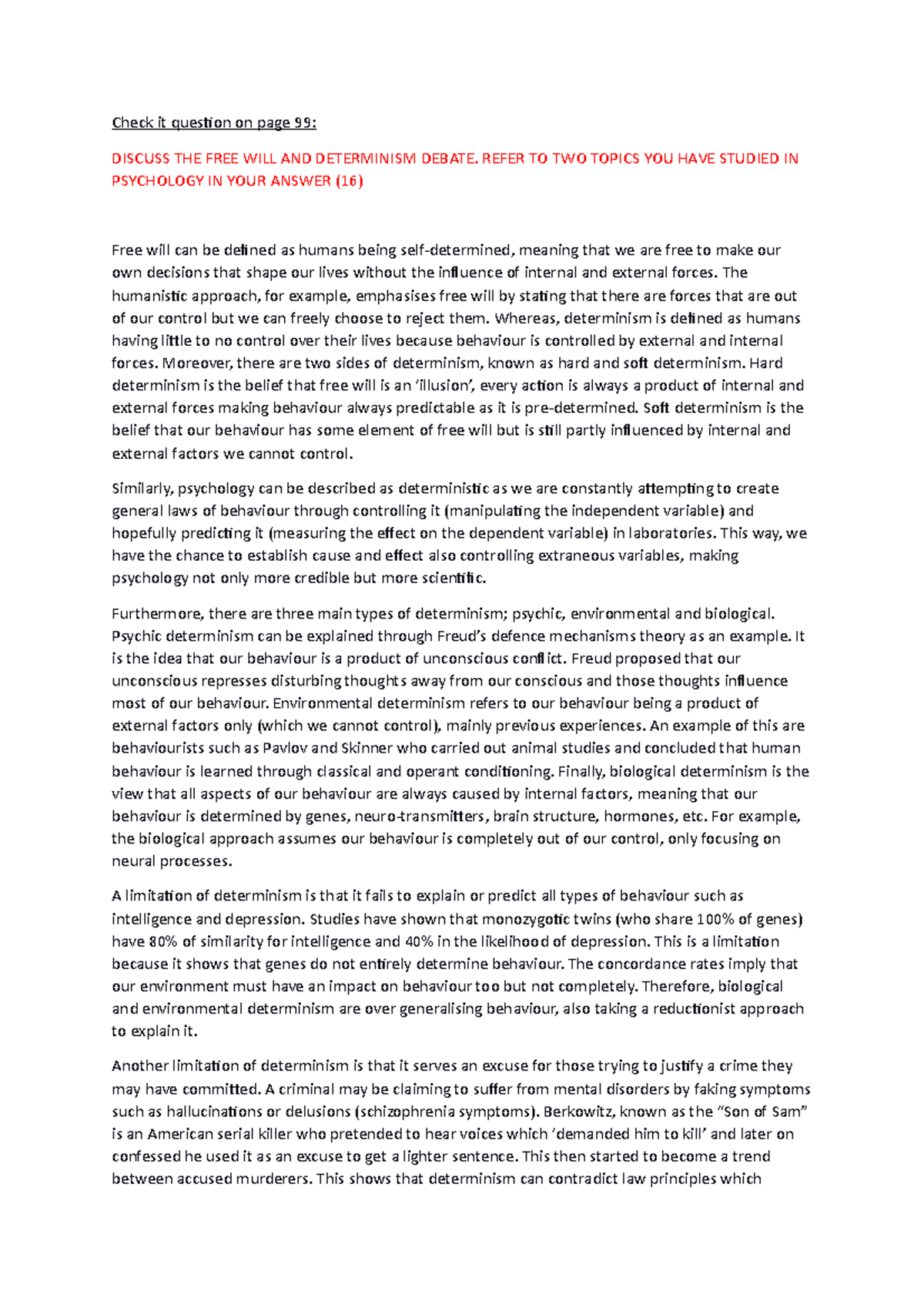 Psychology 16 Marker: Free Will vs. Determinism Analysis - Studocu