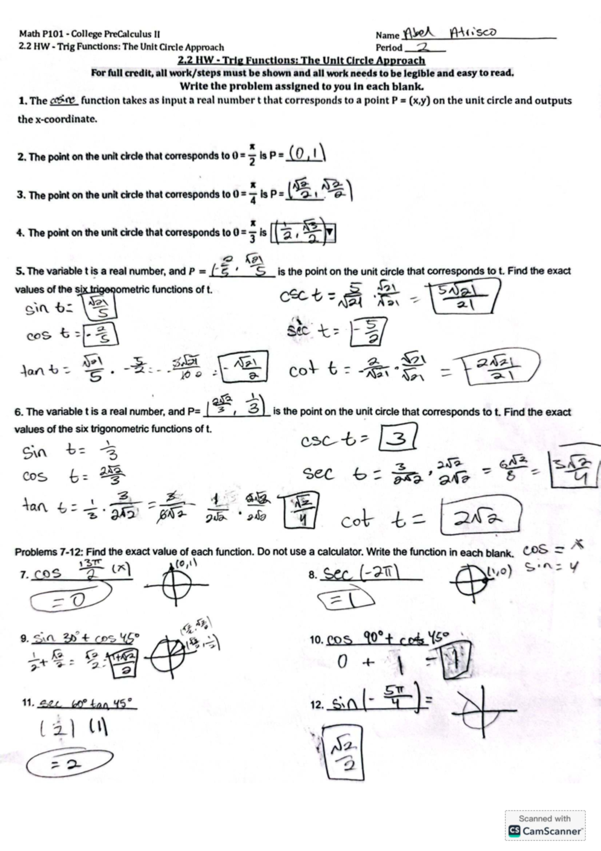 Math P101 Final Exam HW: Trig Functions & Unit Circle Approach - Studocu